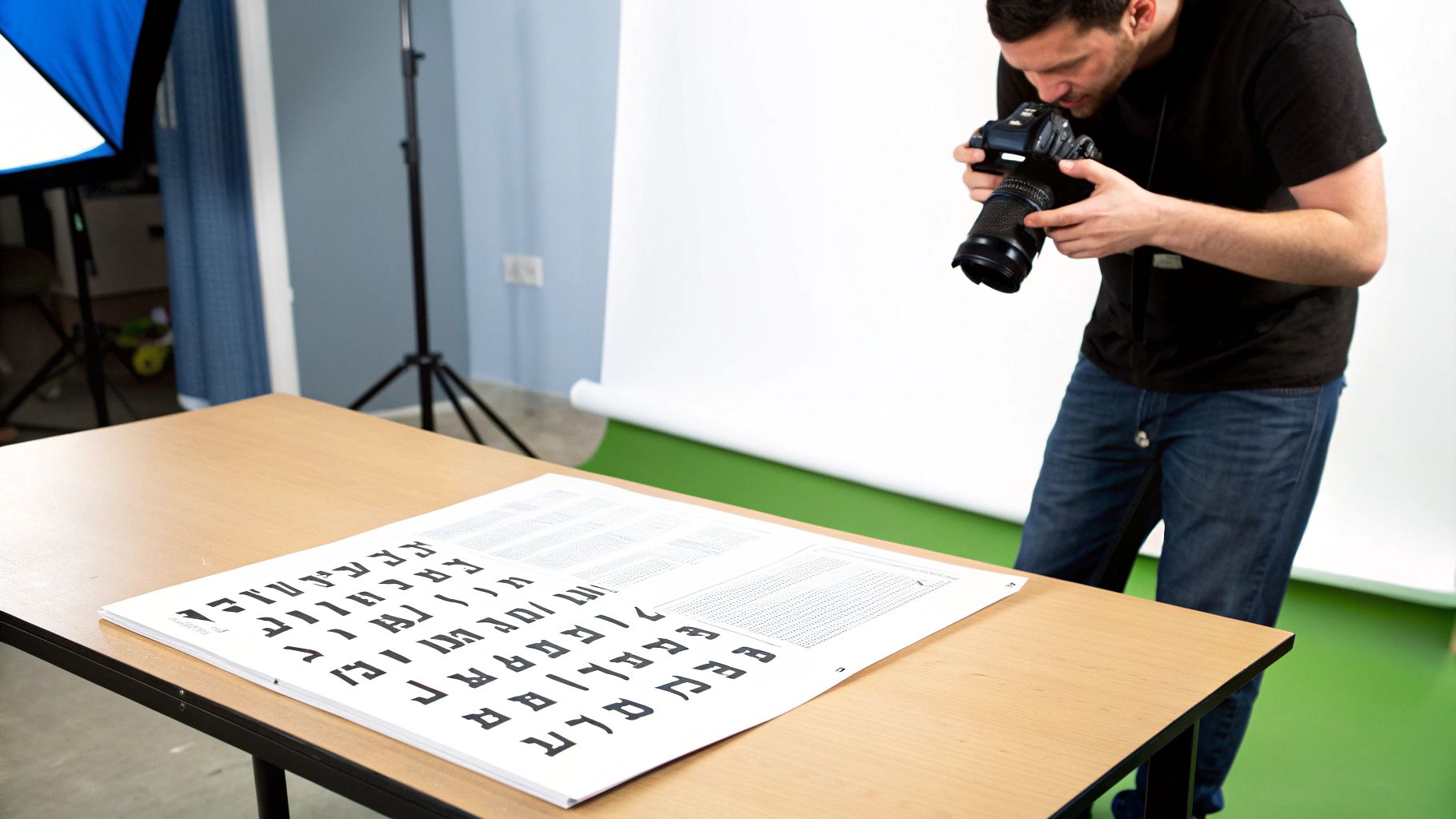 צלם מצלם מסמכים מודפסים בעברית על שולחן עץ, בסטודיו עם רקע לבן וירוק.