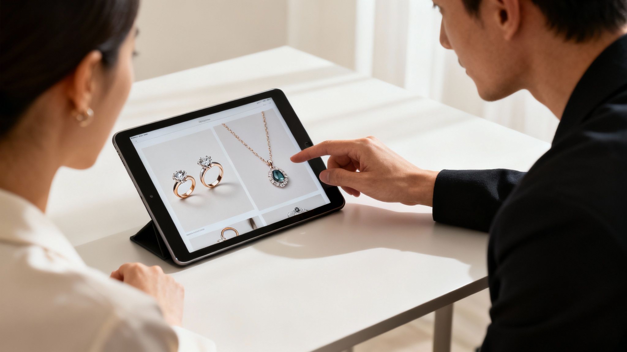 שני אנשים צופים בתצוגת תכשיטים דיגיטלית בטאבלט, כאשר אחד מהם מקיש על המסך.