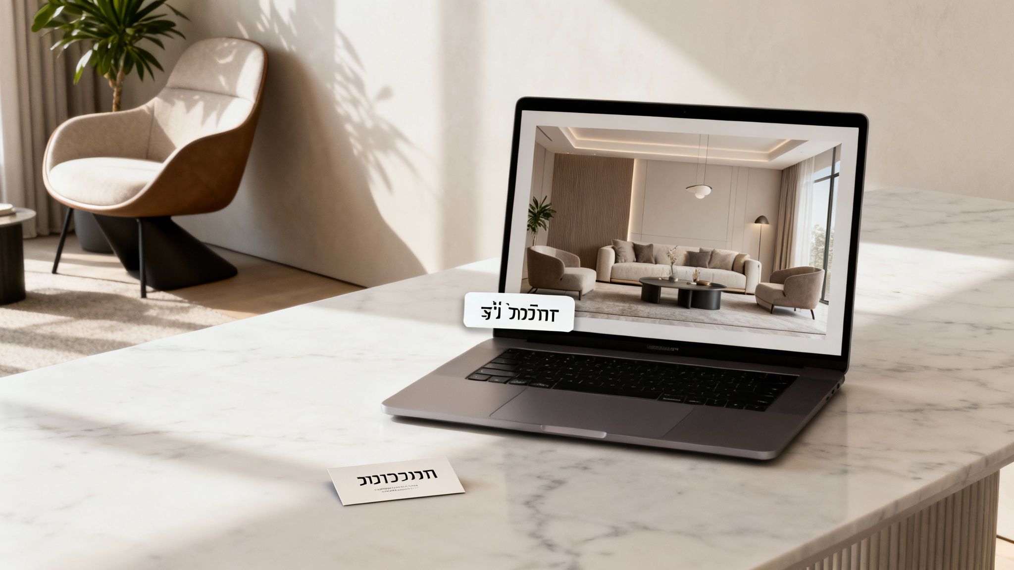 מחשב נייד על שולחן שיש מציג סלון מודרני ואלגנטי בגווני בז' עם רהיטים וצמחייה. ברקע כיסא מעוצב.