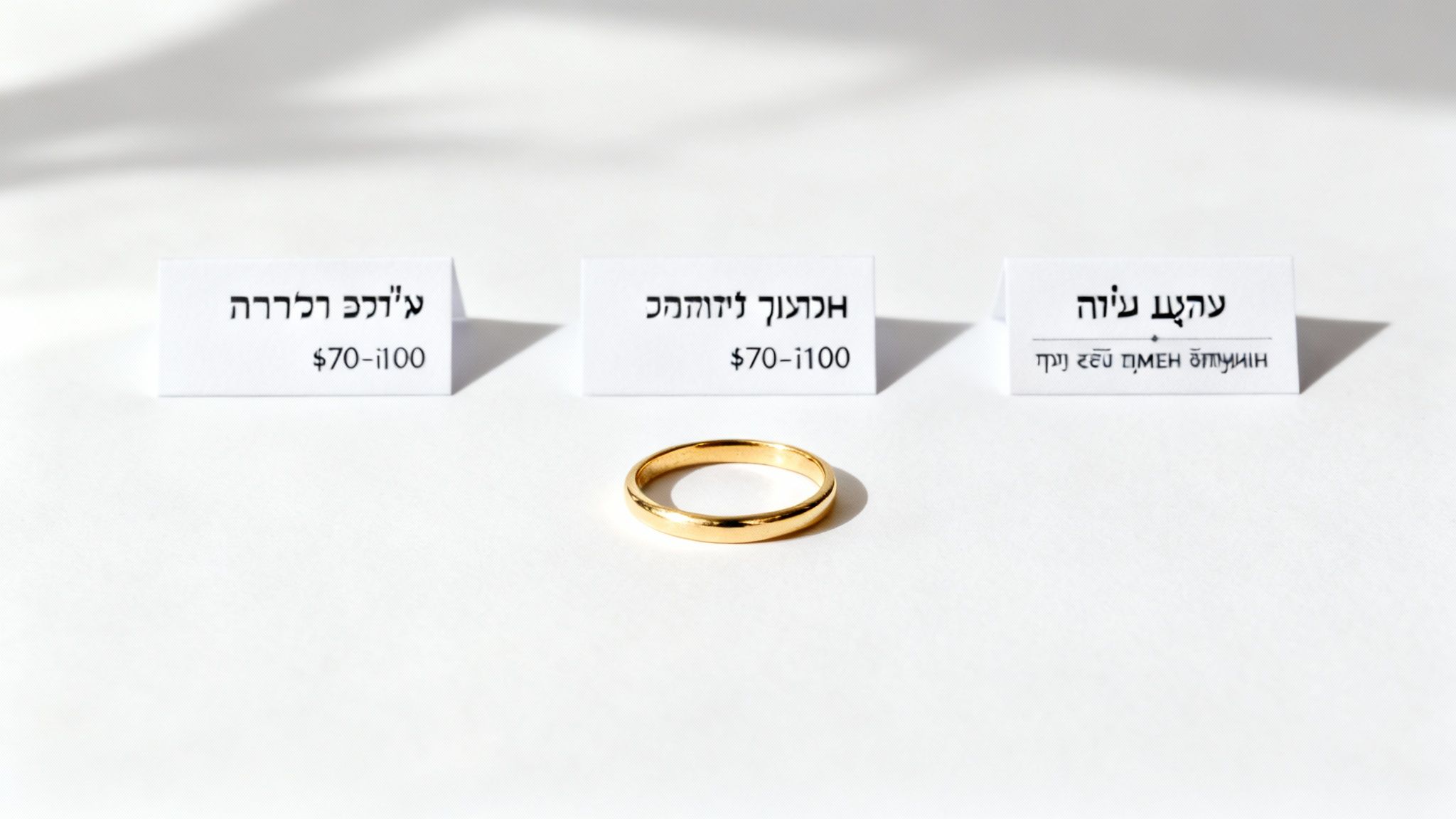 טבעת זהב מבריקה על רקע לבן, לצד שלושה כרטיסים עם כיתוב עברי ומחירים.