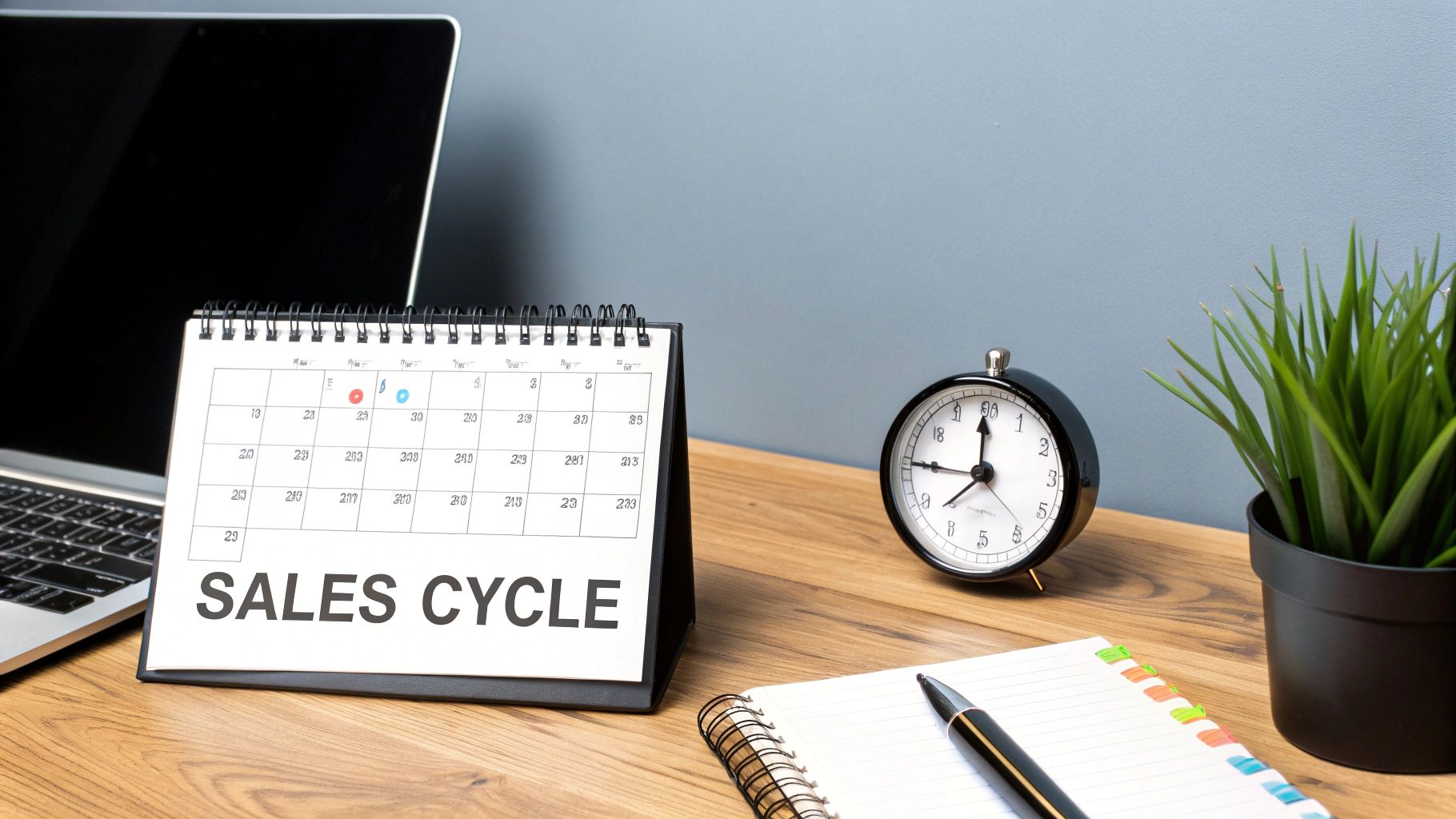 A desk with a calendar showing 'SALES CYCLE', a laptop, clock, and notebook, symbolizing business planning.