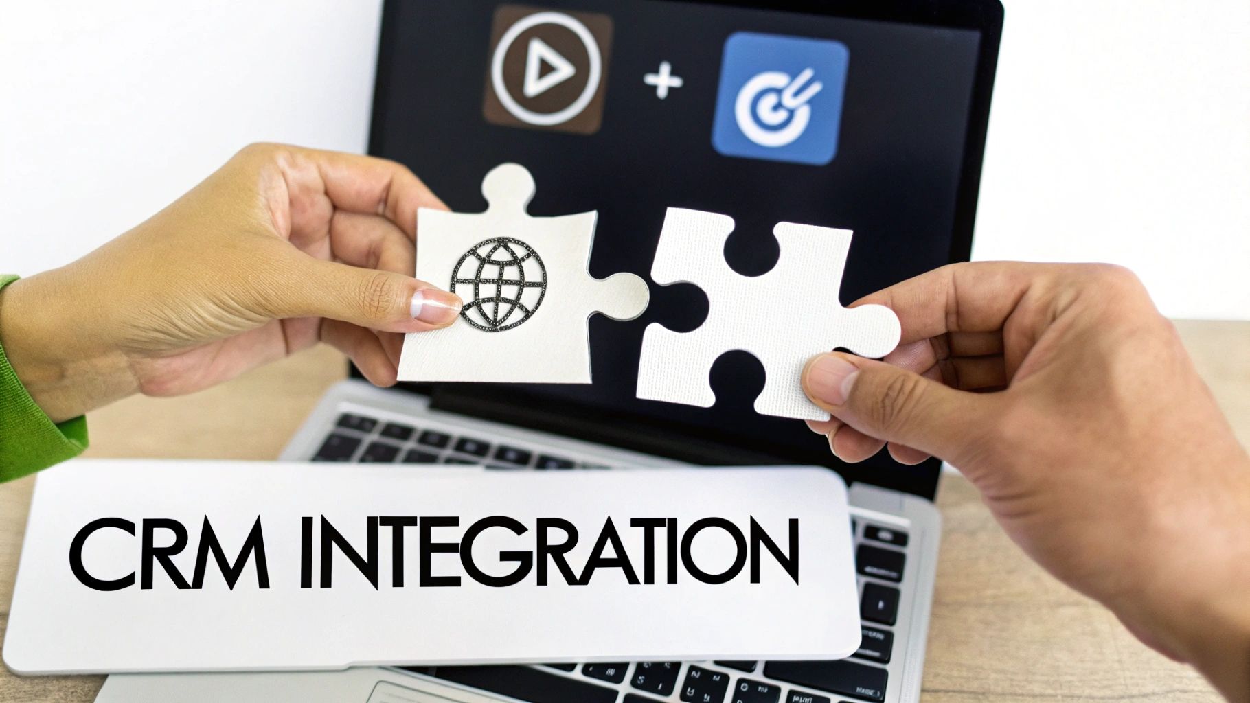 Two hands connecting puzzle pieces with a globe icon over a laptop displaying 'CRM INTEGRATION' text.