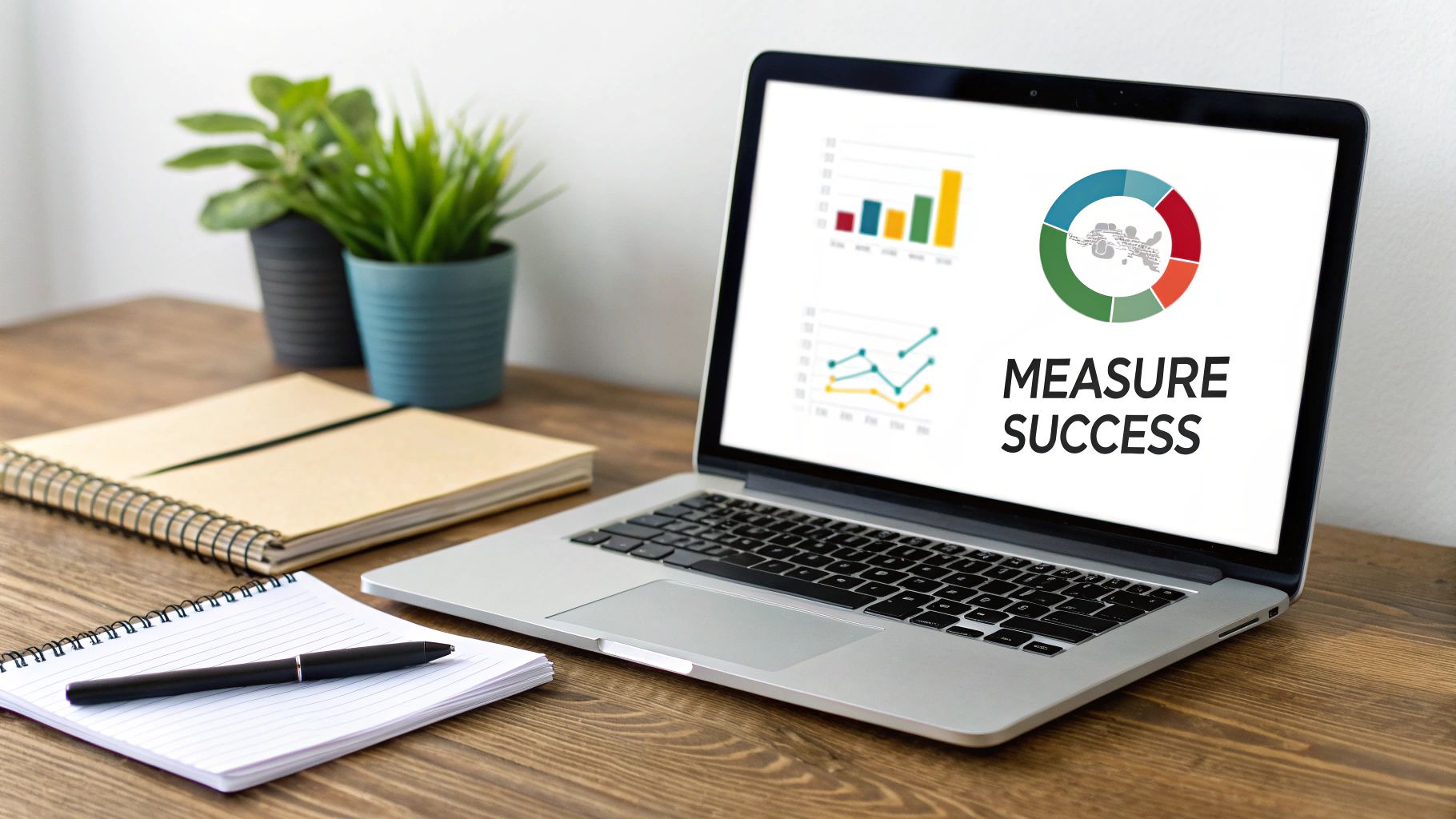 A laptop on a wooden desk displays 'Measure Success' with colorful charts, alongside notebooks and green plants.