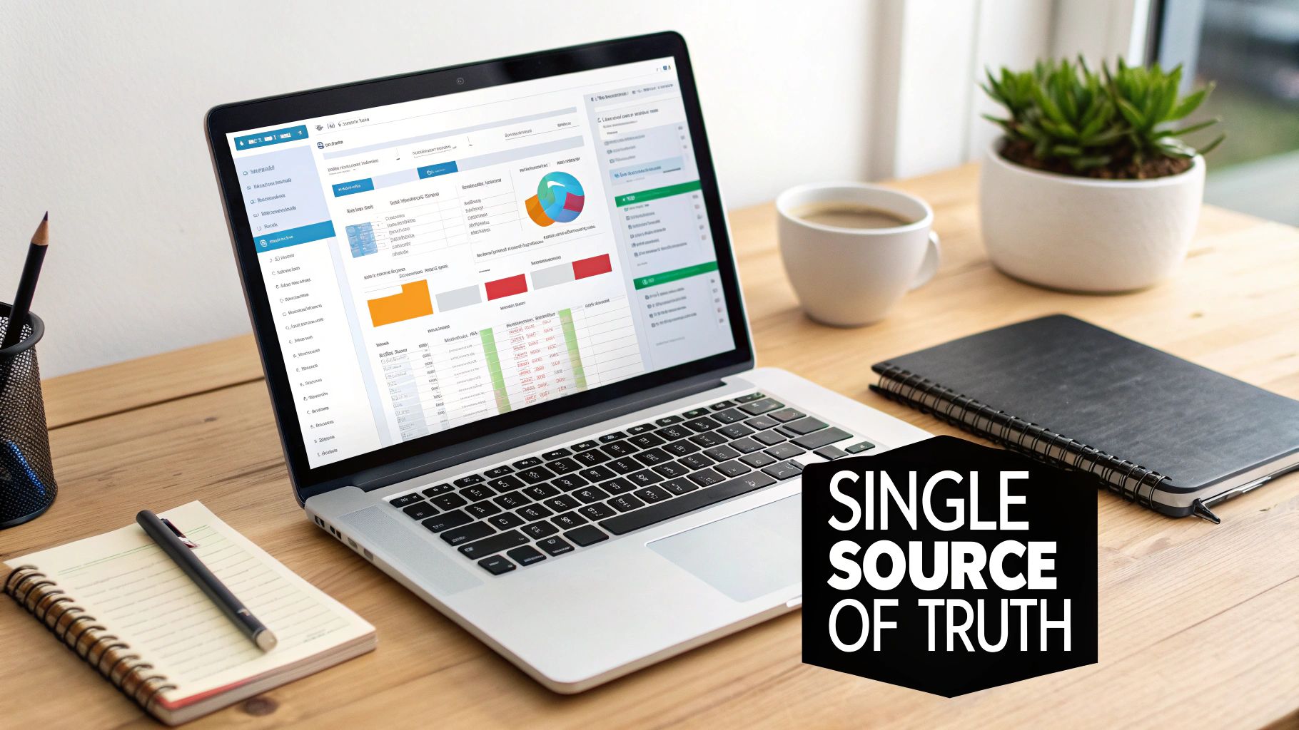 Laptop on a wooden desk showing a business analytics dashboard, with coffee, plant, and notebooks.