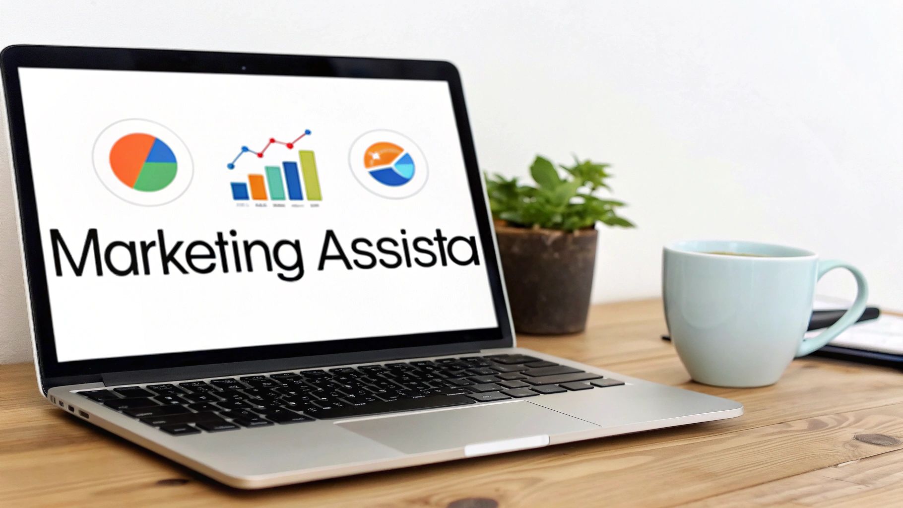 A laptop displaying 'Marketing Assista' software with analytics charts, next to a plant and a coffee cup on a wooden desk.
