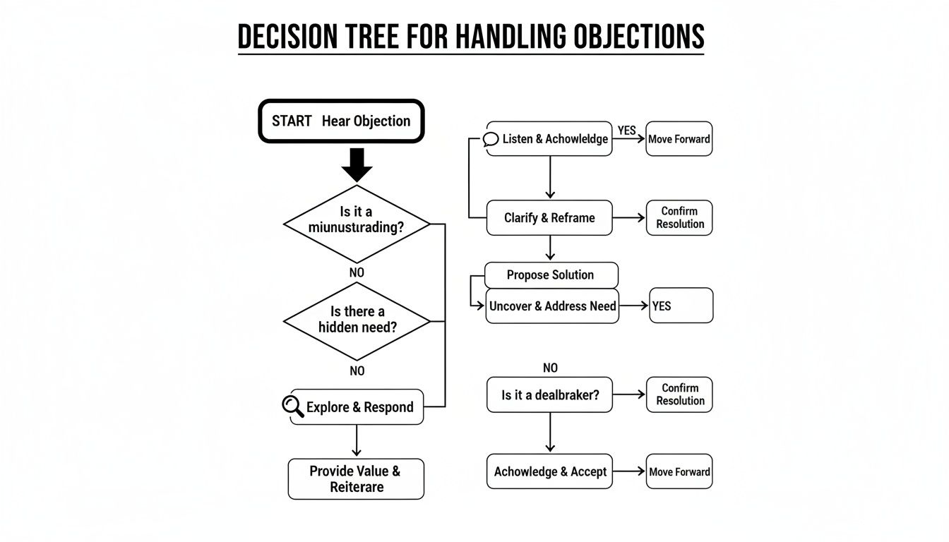 A flowchart illustrating a decision tree for handling sales objections, detailing various steps and decision points.