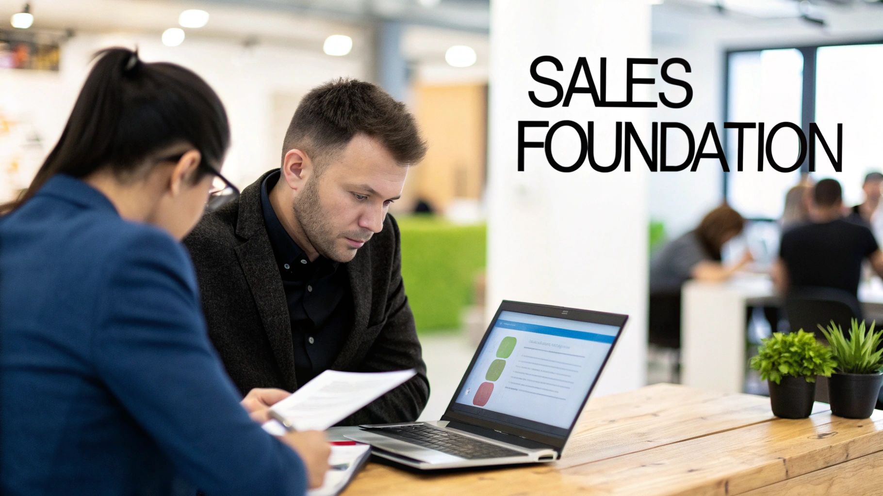 Two colleagues collaborating on a sales foundation project with a laptop and documents in an office.