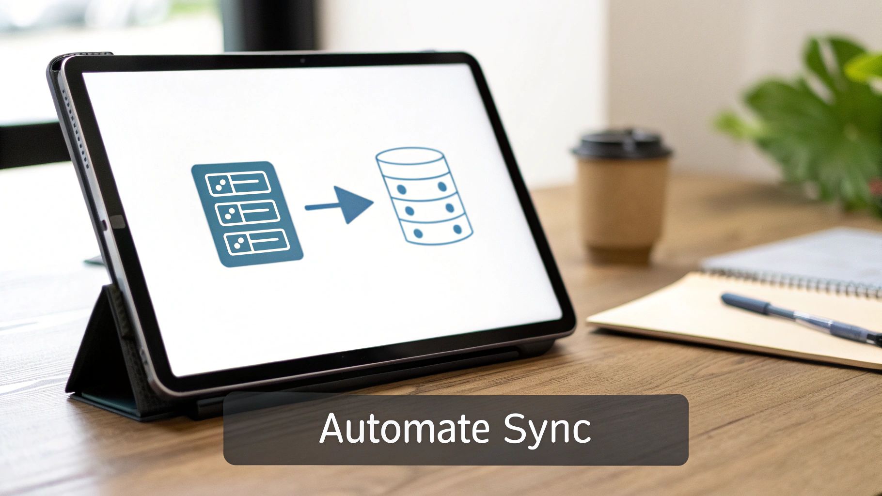 A tablet screen displays icons for data lists syncing to a database, with 'Automate Sync' text.