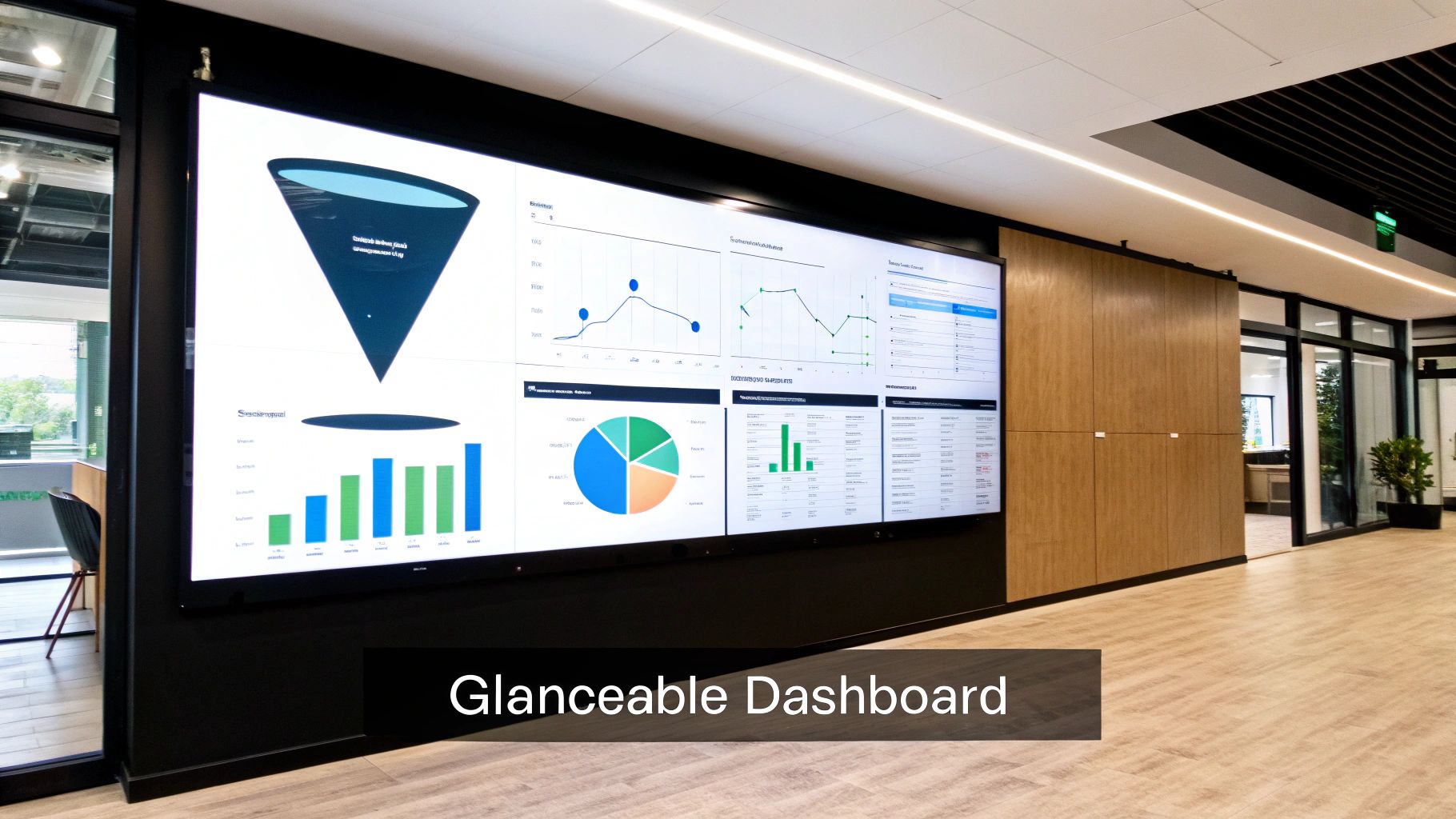 Large digital dashboard displaying various sales performance metrics and charts in a modern office hallway.