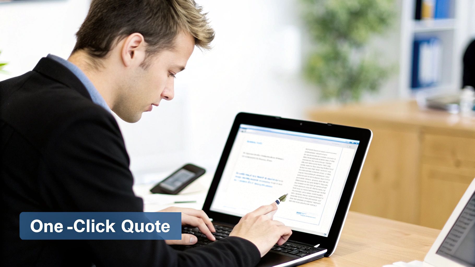 A man in a suit works intently on a laptop, pointing at the screen, with 'One-Click Quote' overlay.