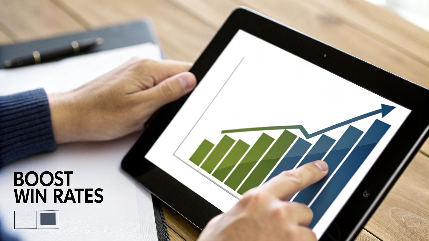 A person pointing at a tablet showing a graph with an upward trend, text says 'BOOST WIN RATES'.