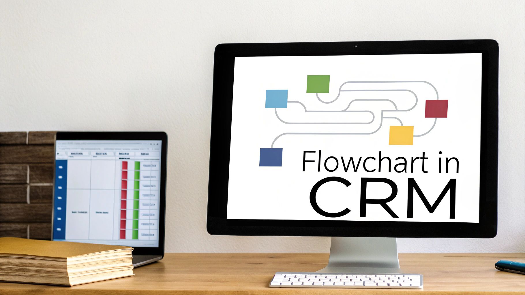 A monitor displaying a 'Flowchart in CRM' diagram next to a laptop and books on a desk.
