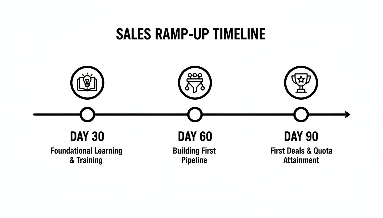 Sales ramp-up timeline showing a 30-60-90 day plan for learning, pipeline, and quota attainment.