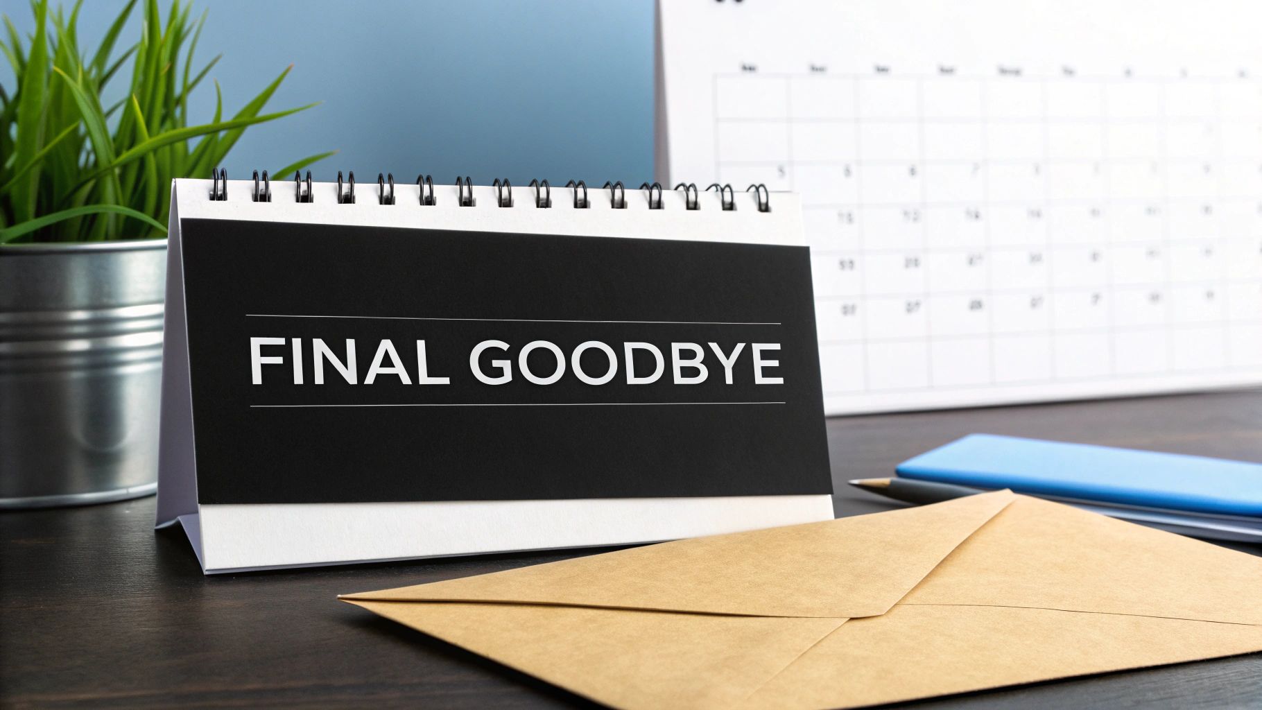 A desk calendar displaying 'FINAL GOODBYE' on a wooden desk, next to an envelope and plant.