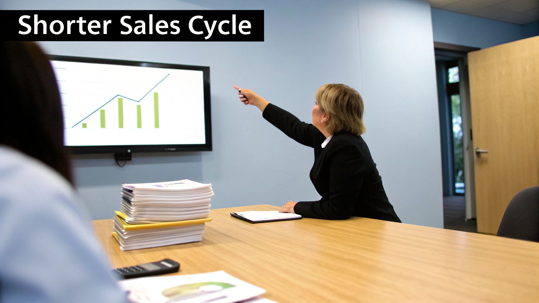 A businesswoman points at a screen displaying a graph, with "Shorter Sales Cycle" text, during a meeting.