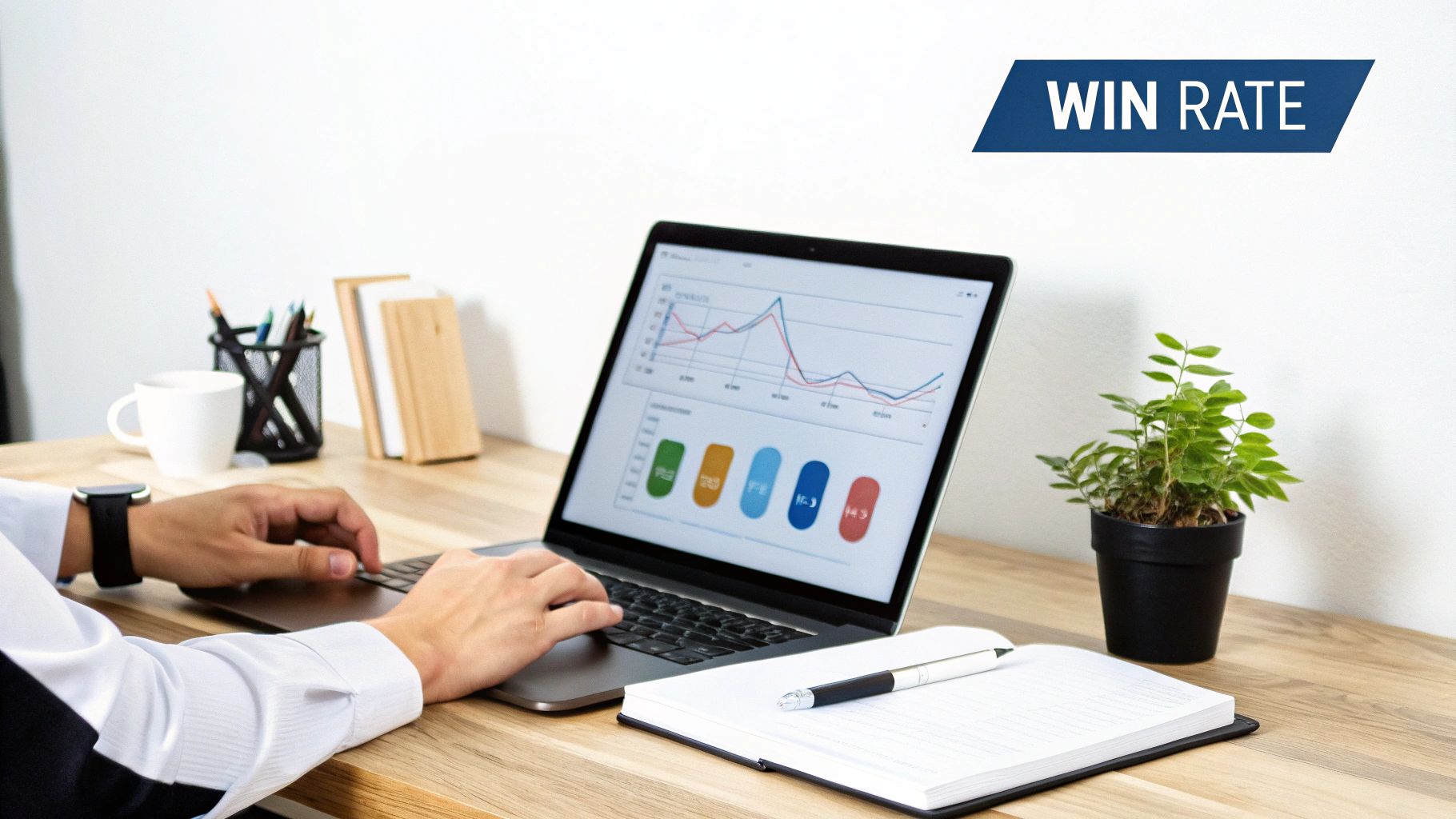 A professional analyzes sales performance metrics with graphs on a laptop, showing a high win rate.