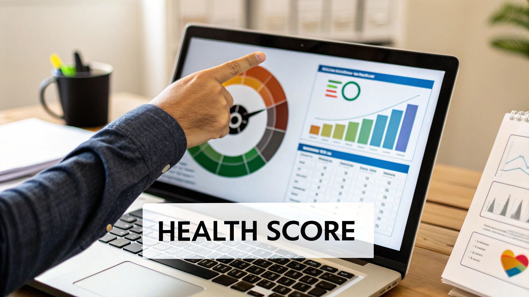 A person's hand points at a laptop displaying health score data charts and graphs on a desk.
