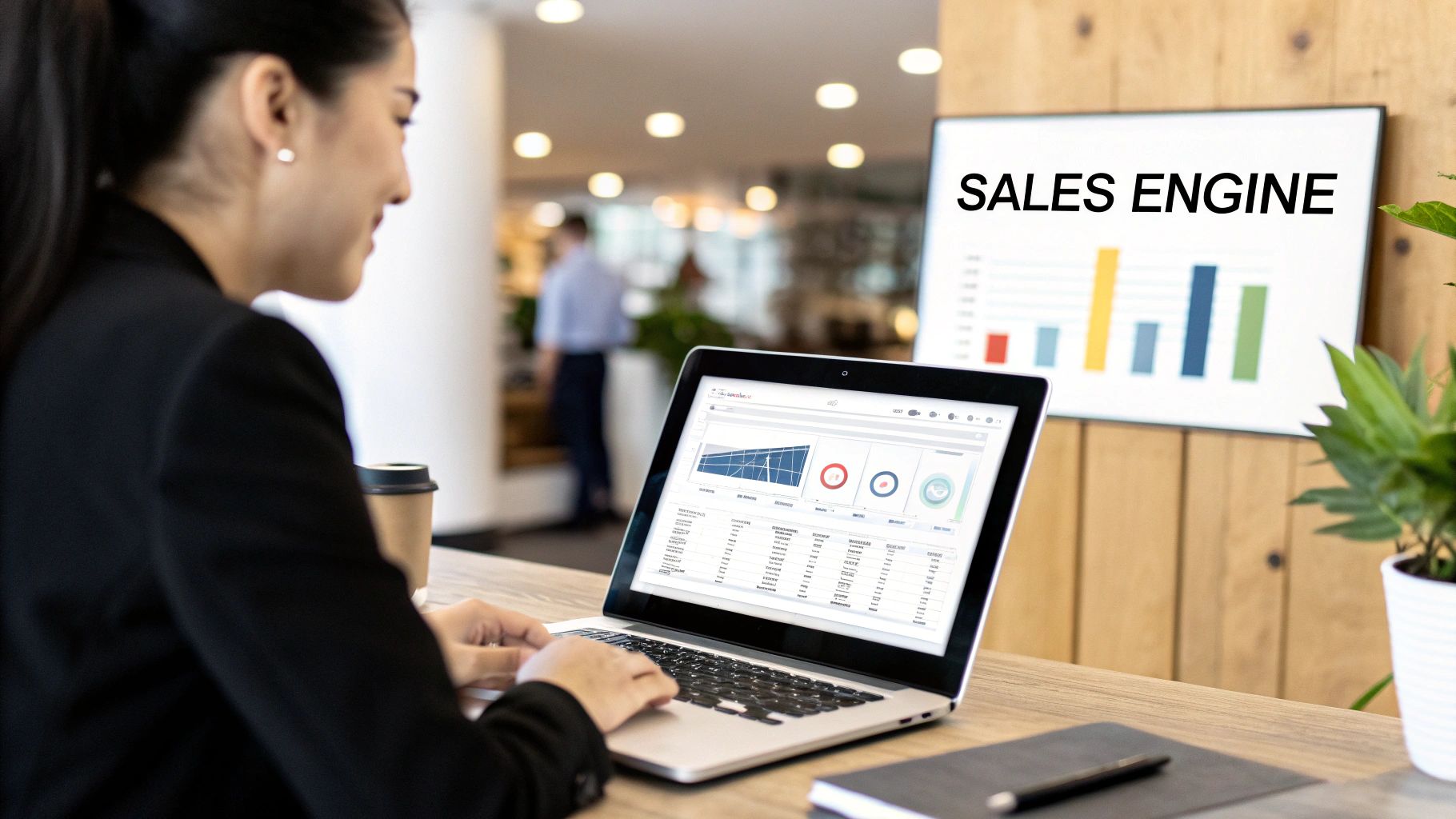 Businesswoman analyzing sales data on a laptop, with a 'SALES ENGINE' display in the background.