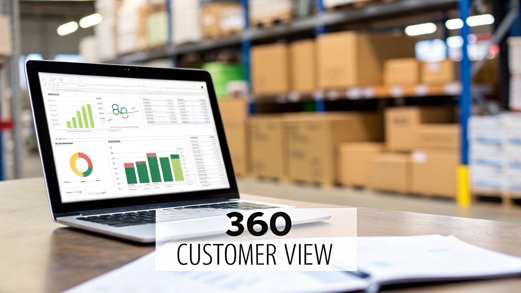 Laptop displaying a 360 customer view dashboard on a desk in a warehouse with stacked boxes.