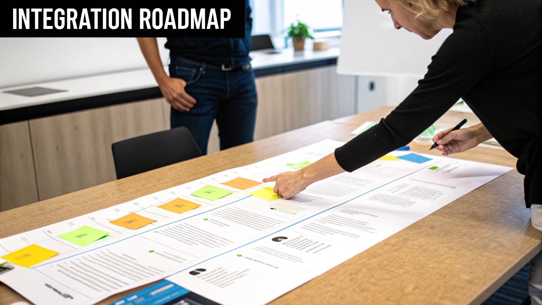 Two people collaborating on a detailed integration roadmap with colorful sticky notes on a wooden table.