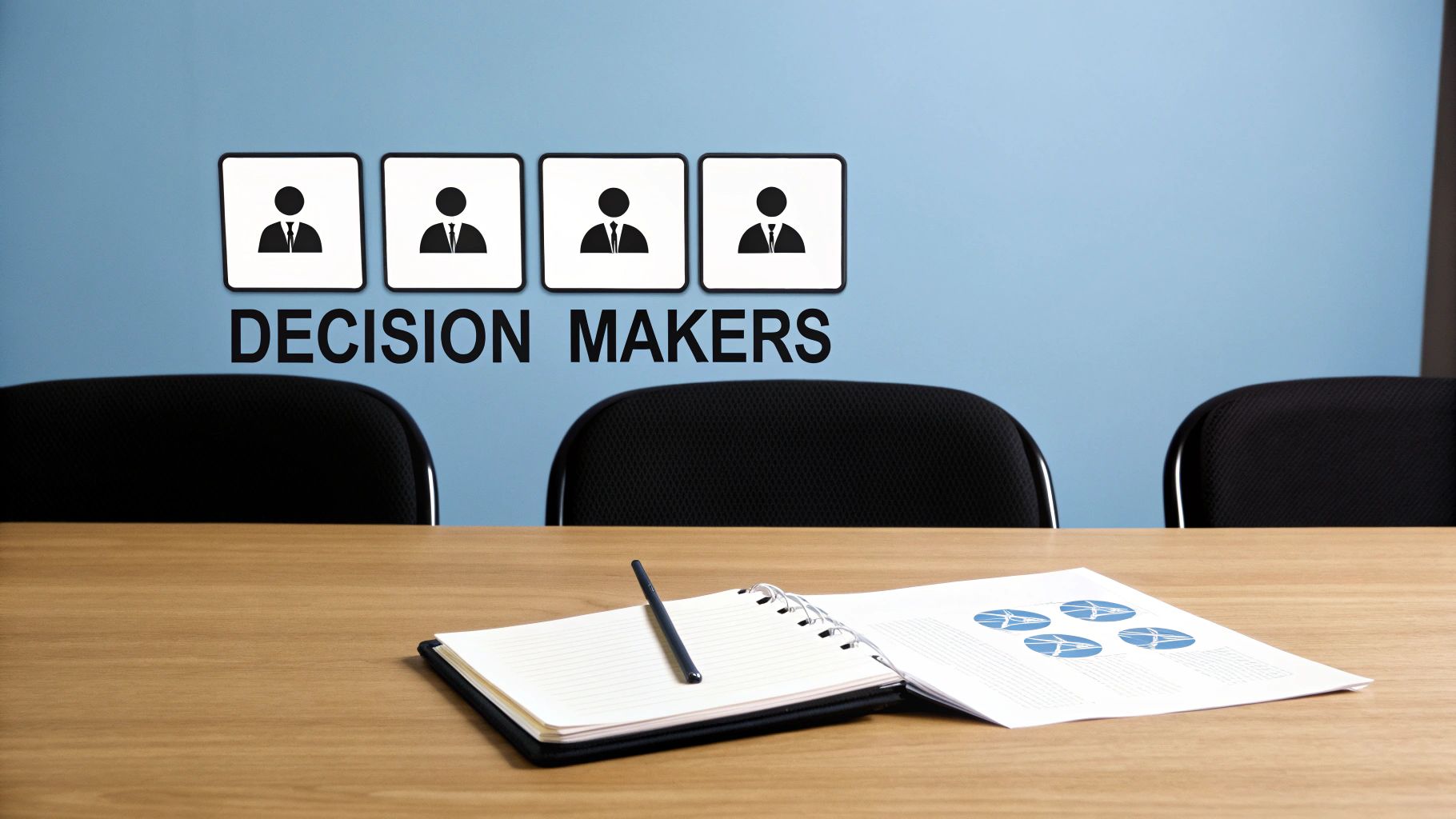 Empty conference room with 'DECISION MAKERS' text on wall, four business icons, and papers on a wooden table.