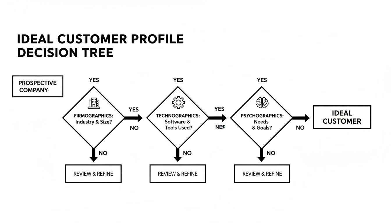 Flowchart illustrating an Ideal Customer Profile decision tree for qualifying prospective companies.