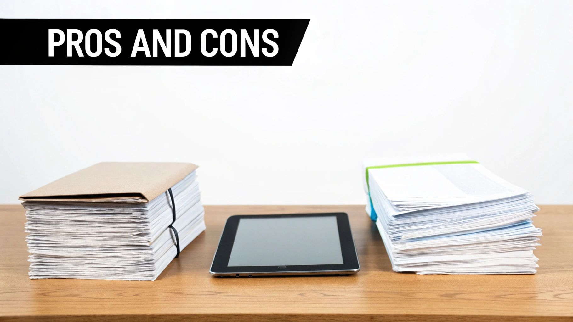 A table displays stacks of paper documents, a tablet, with 'PROS AND CONS' text above.