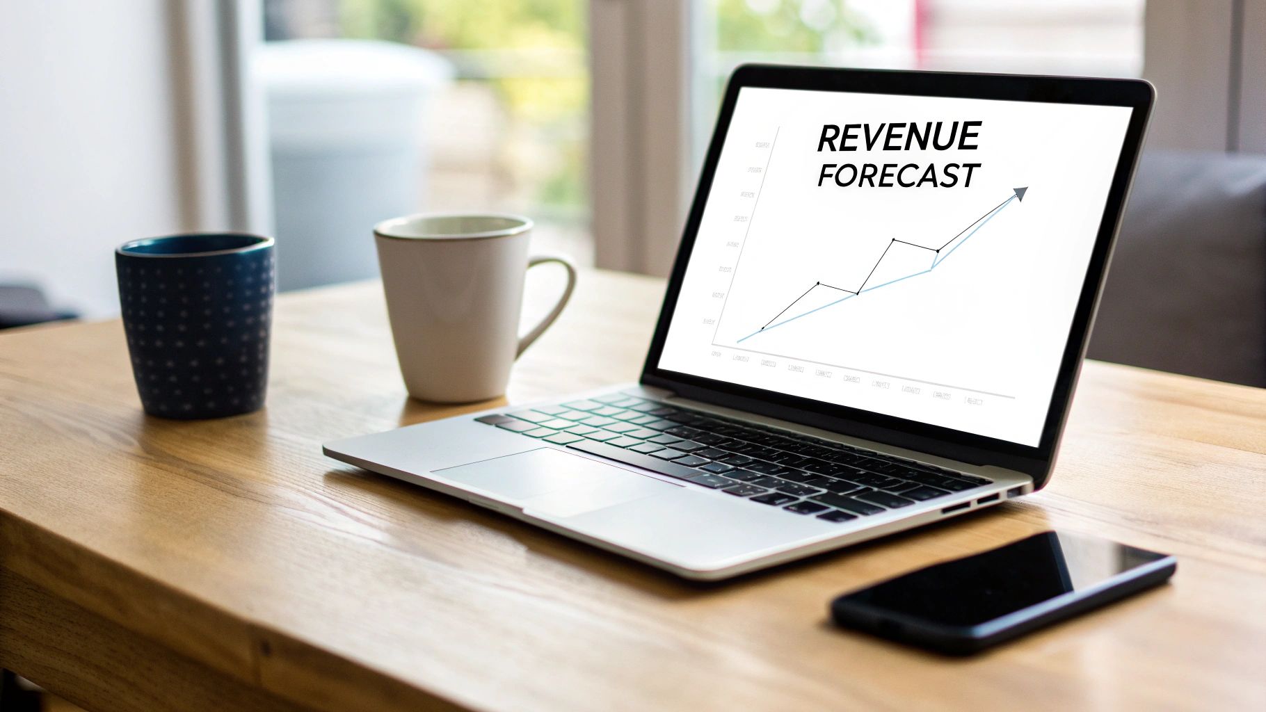 Laptop displaying a clear revenue forecast graph with an upward trend on a wooden desk, next to mugs and a phone.