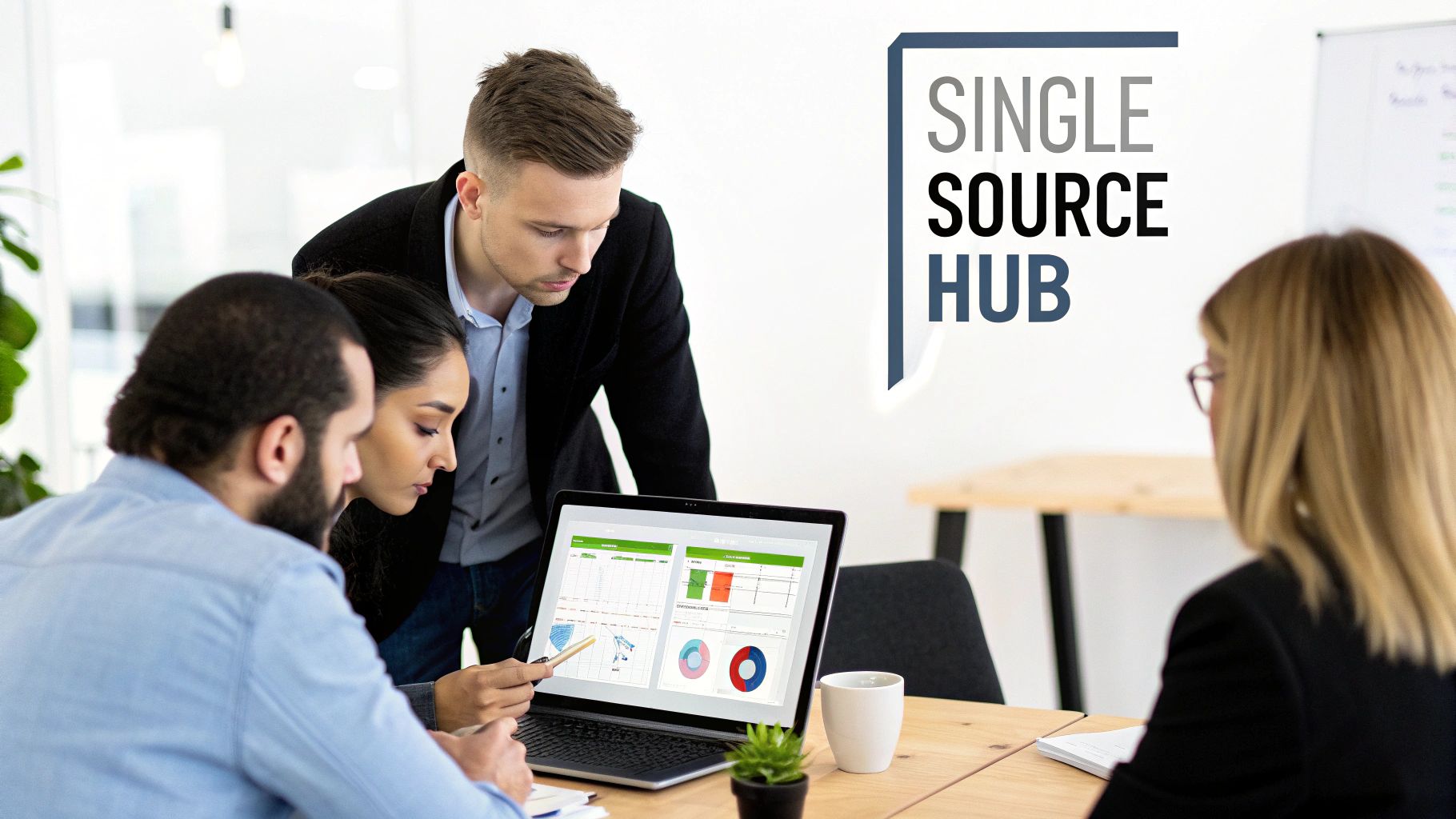 Four professionals collaborating around a laptop displaying business analytics charts and data in an office.