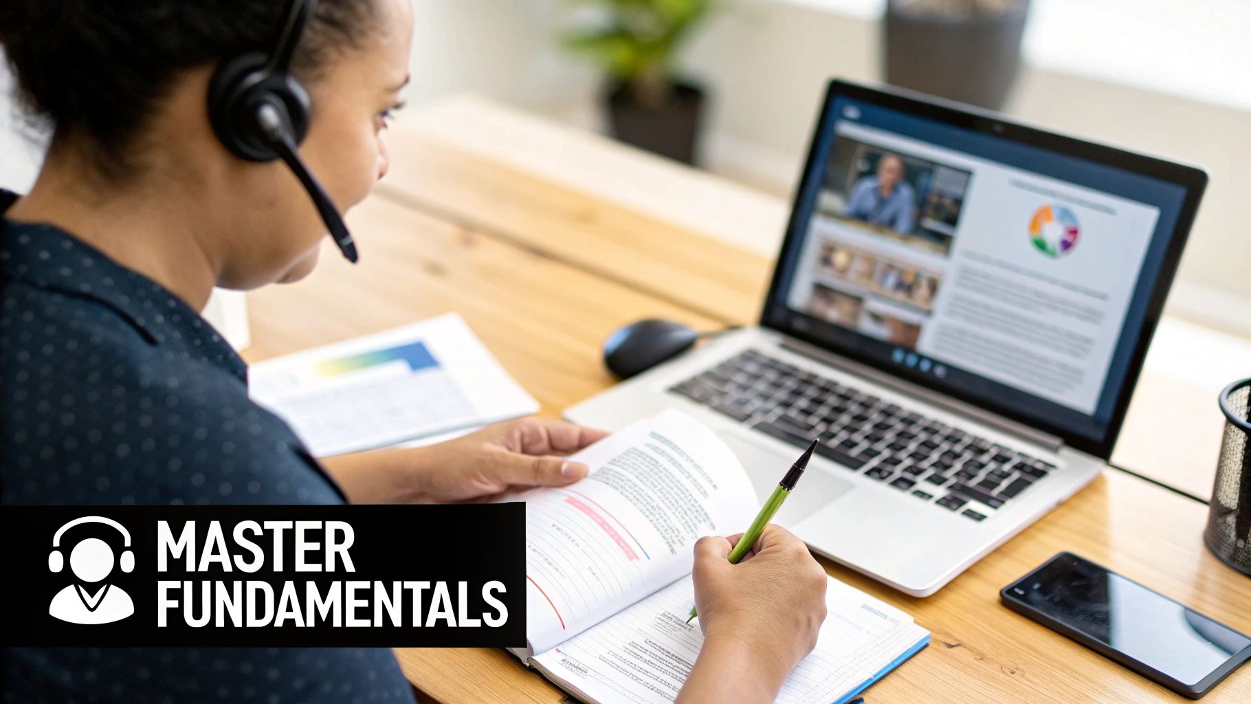 Person wearing a headset studying online with a laptop and notebook, mastering fundamentals.