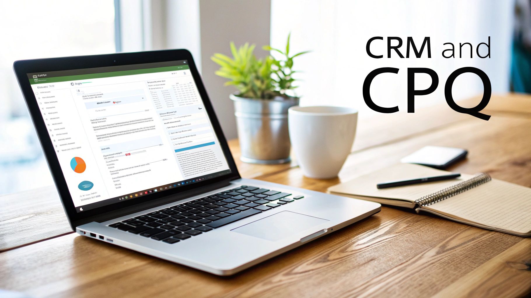 A laptop on a wooden desk displaying business software, alongside a plant, coffee, notebook, and phone. Text reads CRM and CPQ.