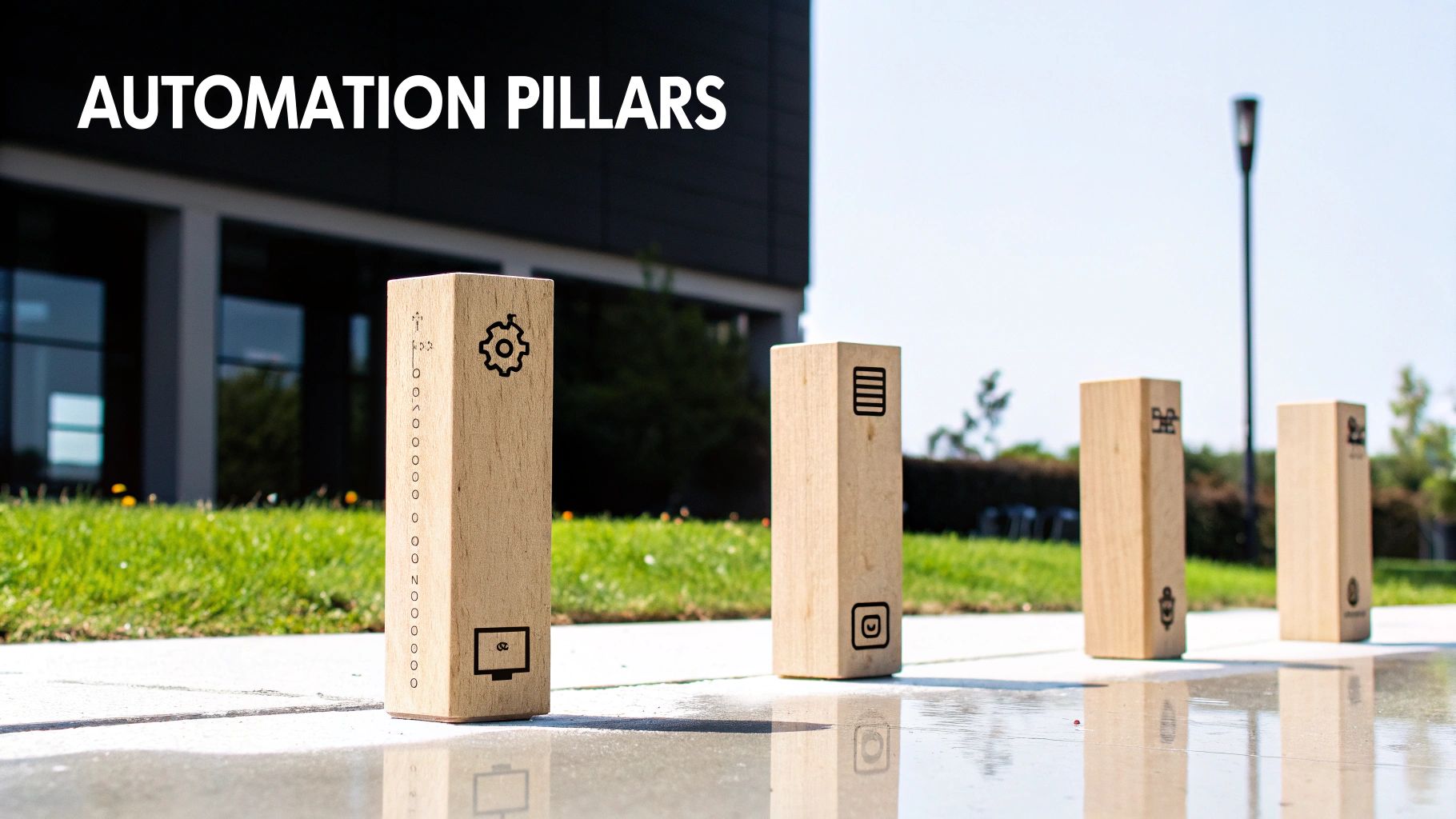 Five wooden pillars representing automation concepts, each with distinct icons like a gear and computer.