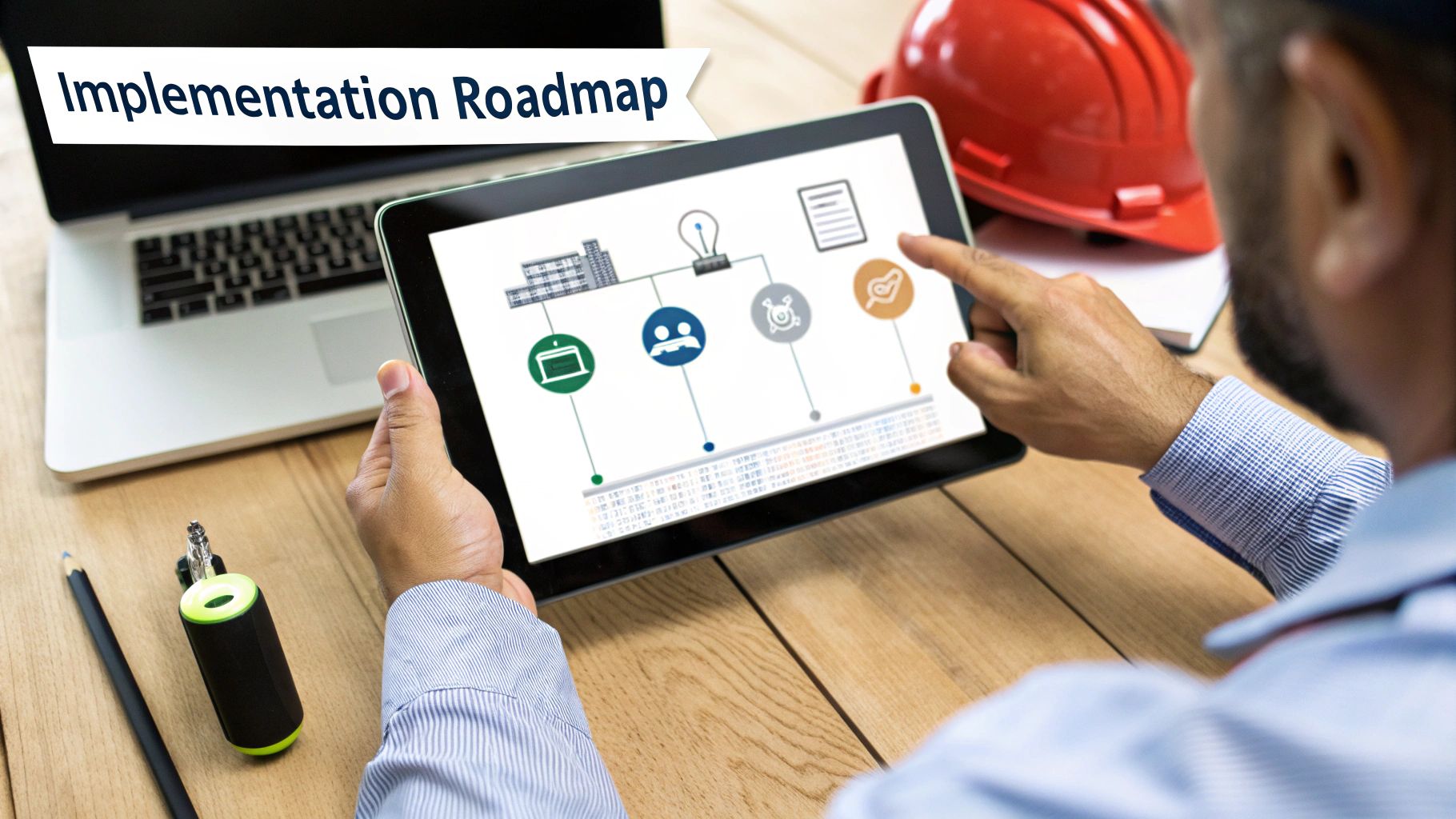 Engineer reviewing a digital implementation roadmap on a tablet, with a laptop and hard hat nearby.