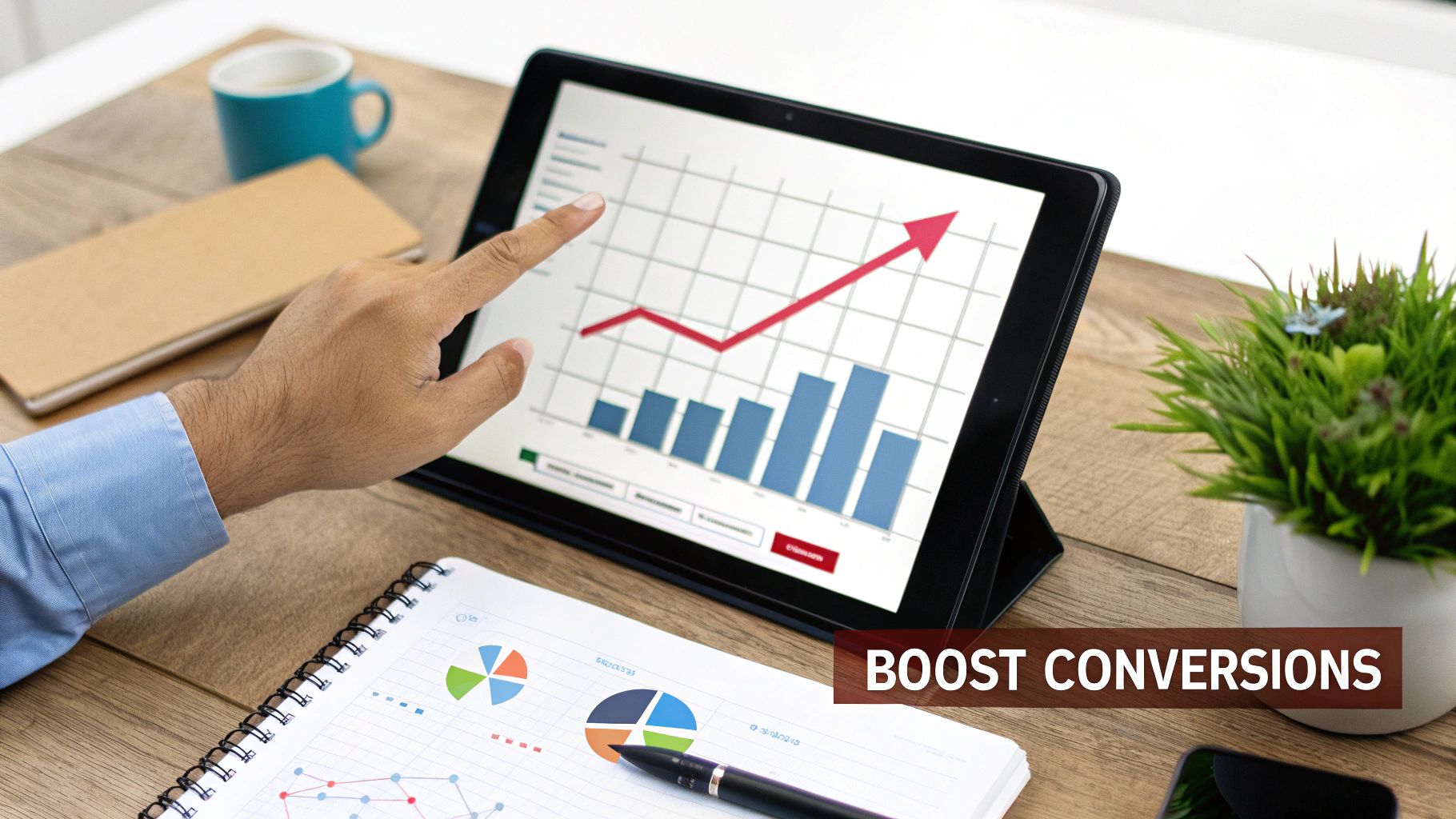 A hand points at a tablet displaying an upward trending graph and charts, indicating business growth and increased conversions.