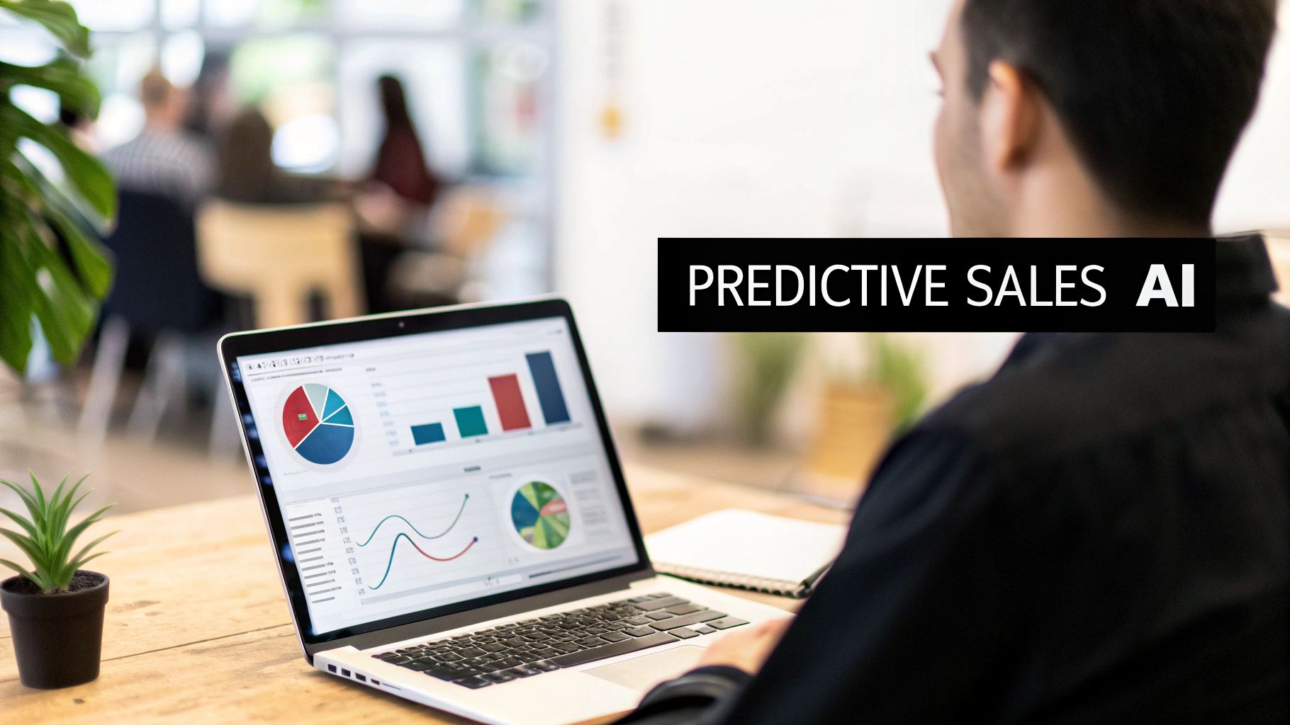 A person works on a laptop displaying predictive sales AI analytics with charts and graphs.
