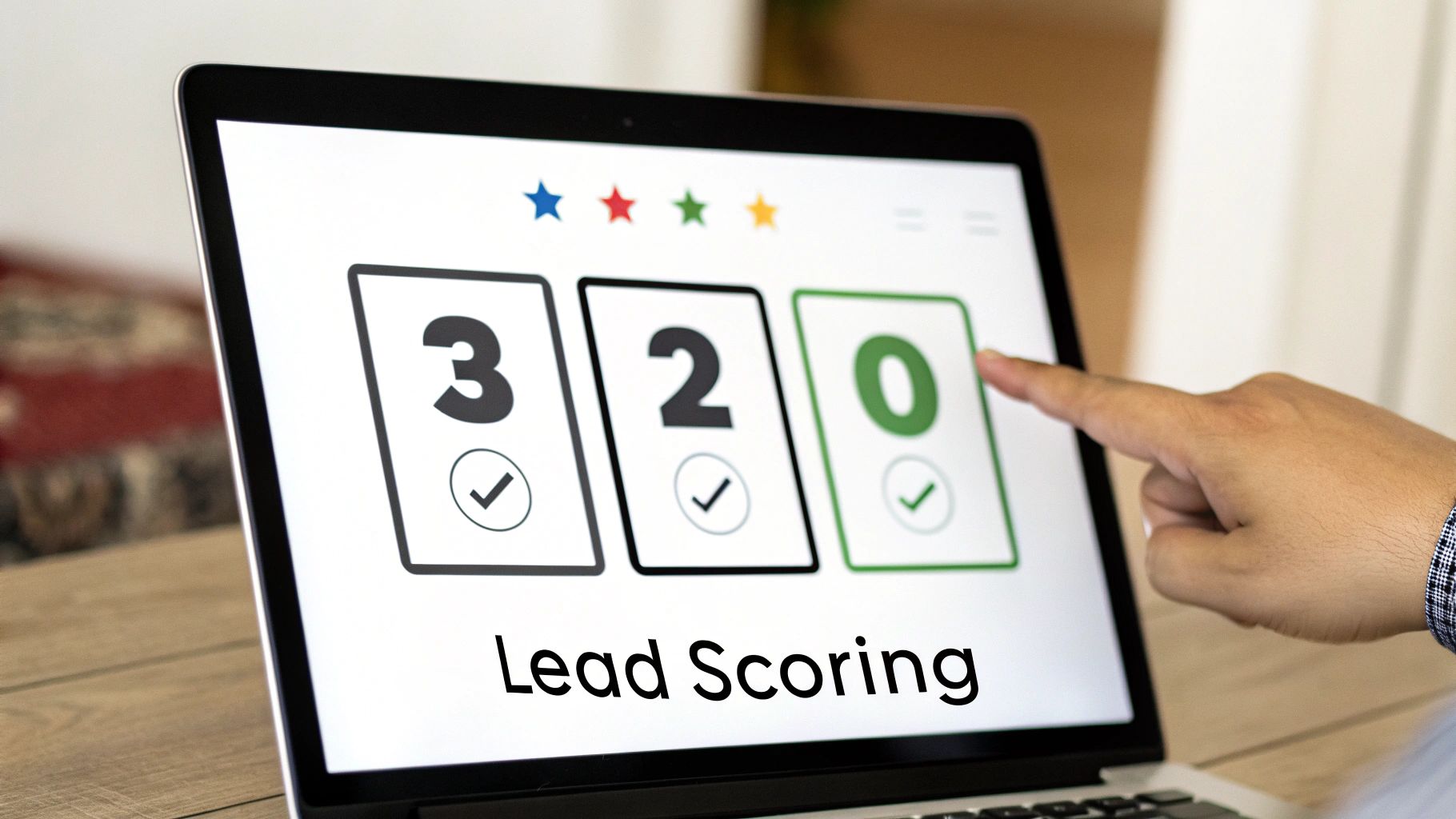 A hand points at a laptop screen displaying lead scoring with numbers 3, 2, 0 and colored stars.