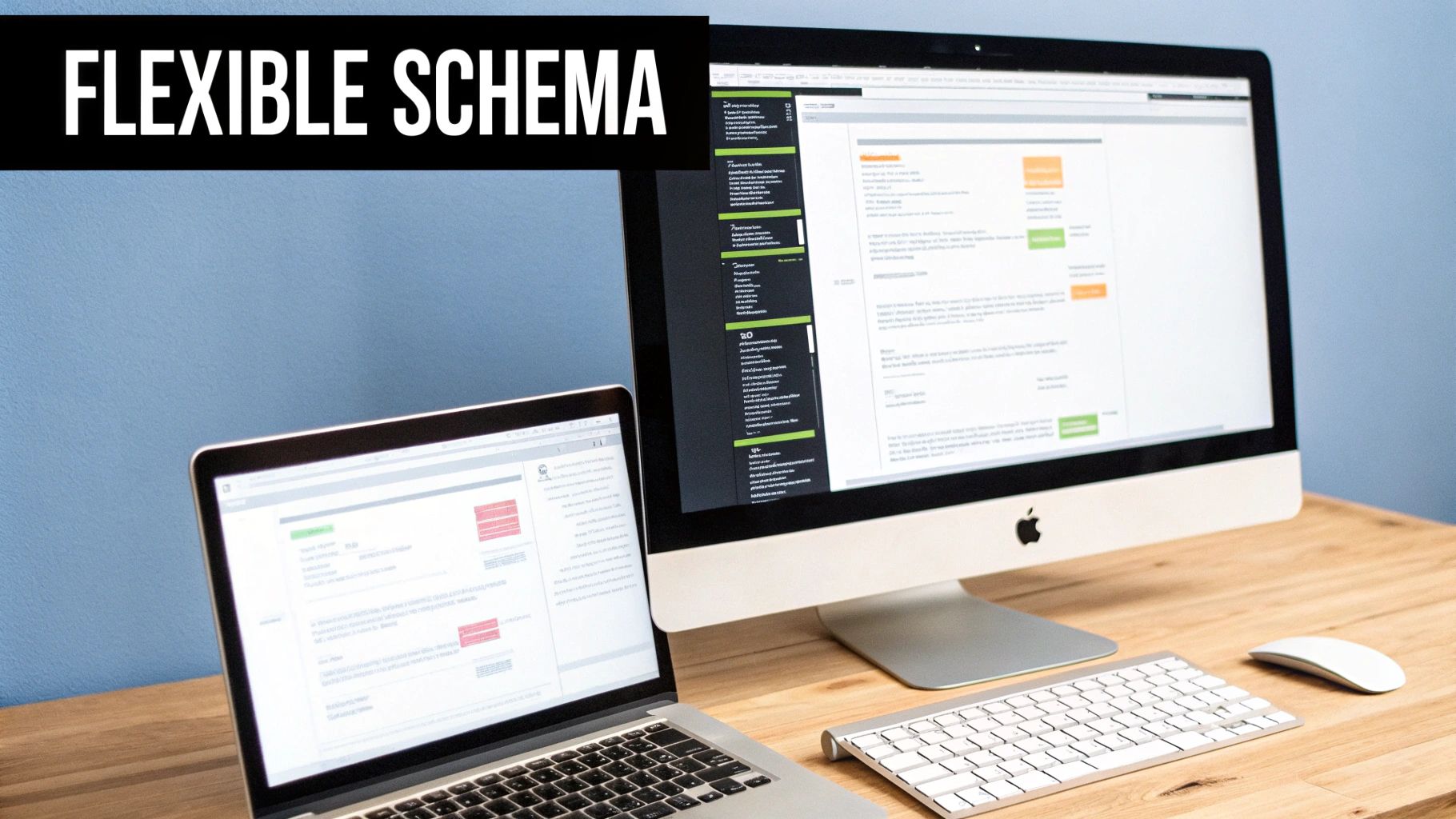 A modern desk setup with a laptop and desktop showing complex software interfaces and 'FLEXIBLE SCHEMA' text.