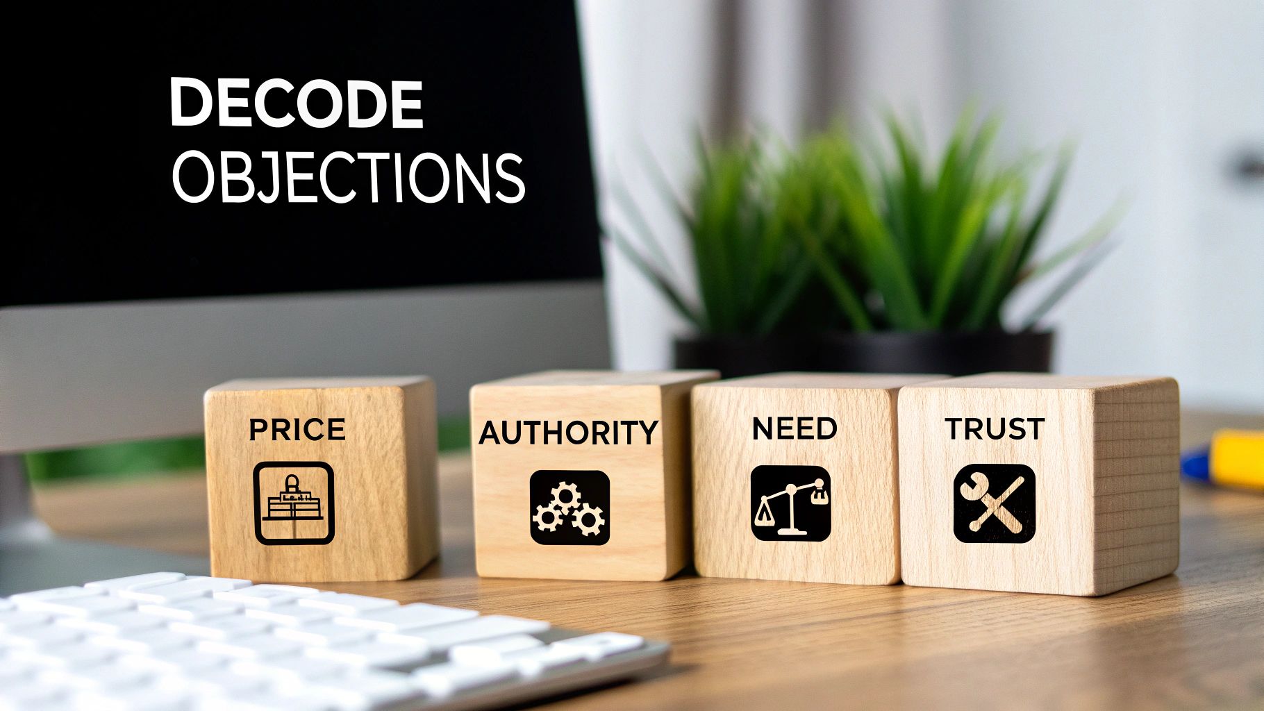 Wooden blocks display 'PRICE', 'AUTHORITY', 'NEED', and 'TRUST' to decode sales objections.