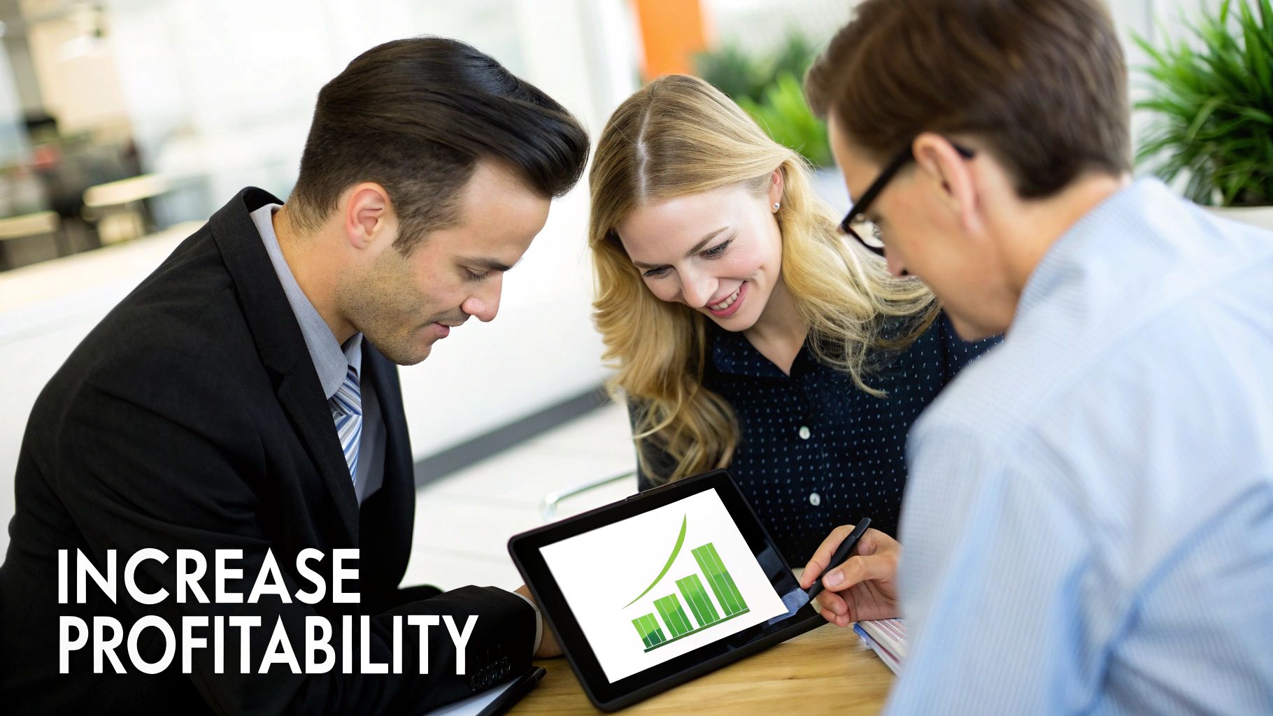 Three business professionals, two men and one woman, analyze a tablet showing a green bar chart with an upward trend, signifying business growth.
