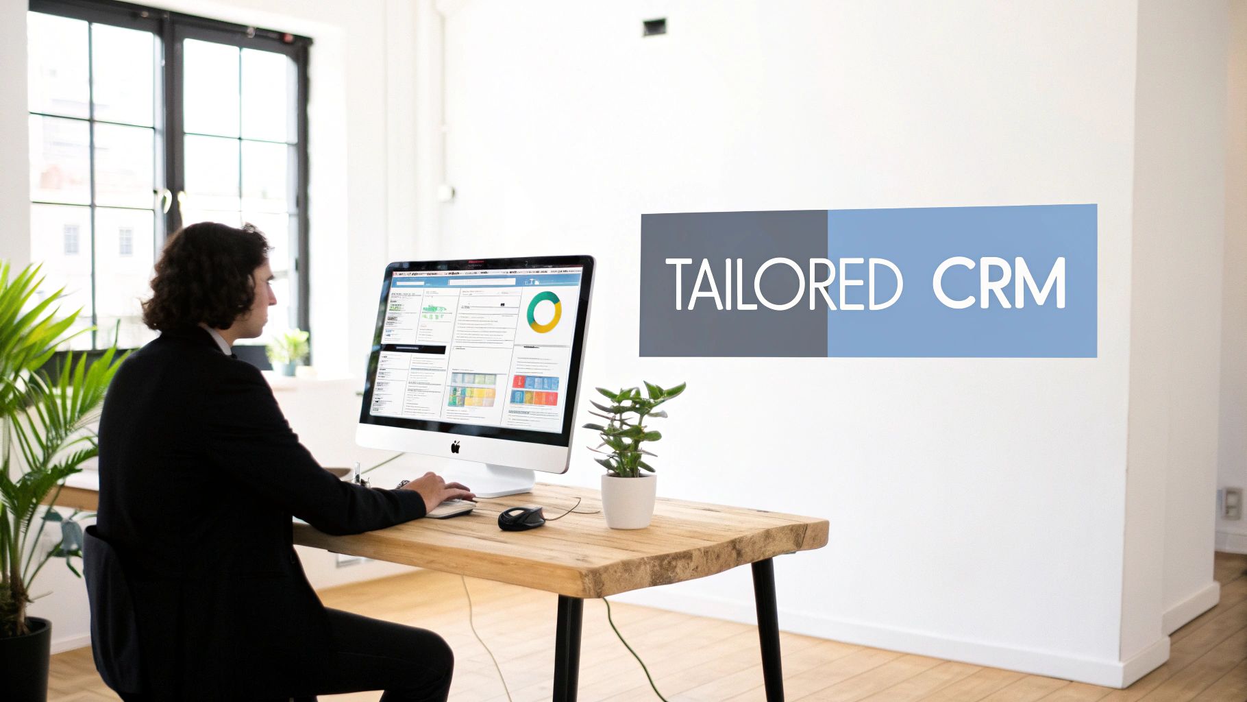 A person works on a computer displaying a CRM system in a bright modern office with a 'TAILORED CRM' sign.