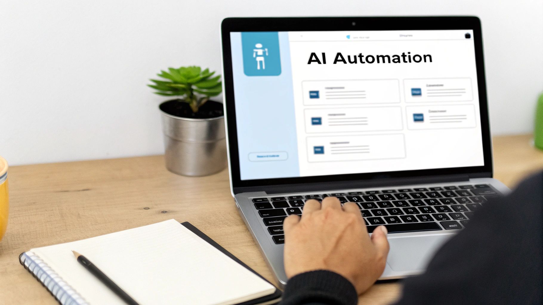 A person types on a laptop displaying 'AI Automation' software, with a plant and notebook on a desk.