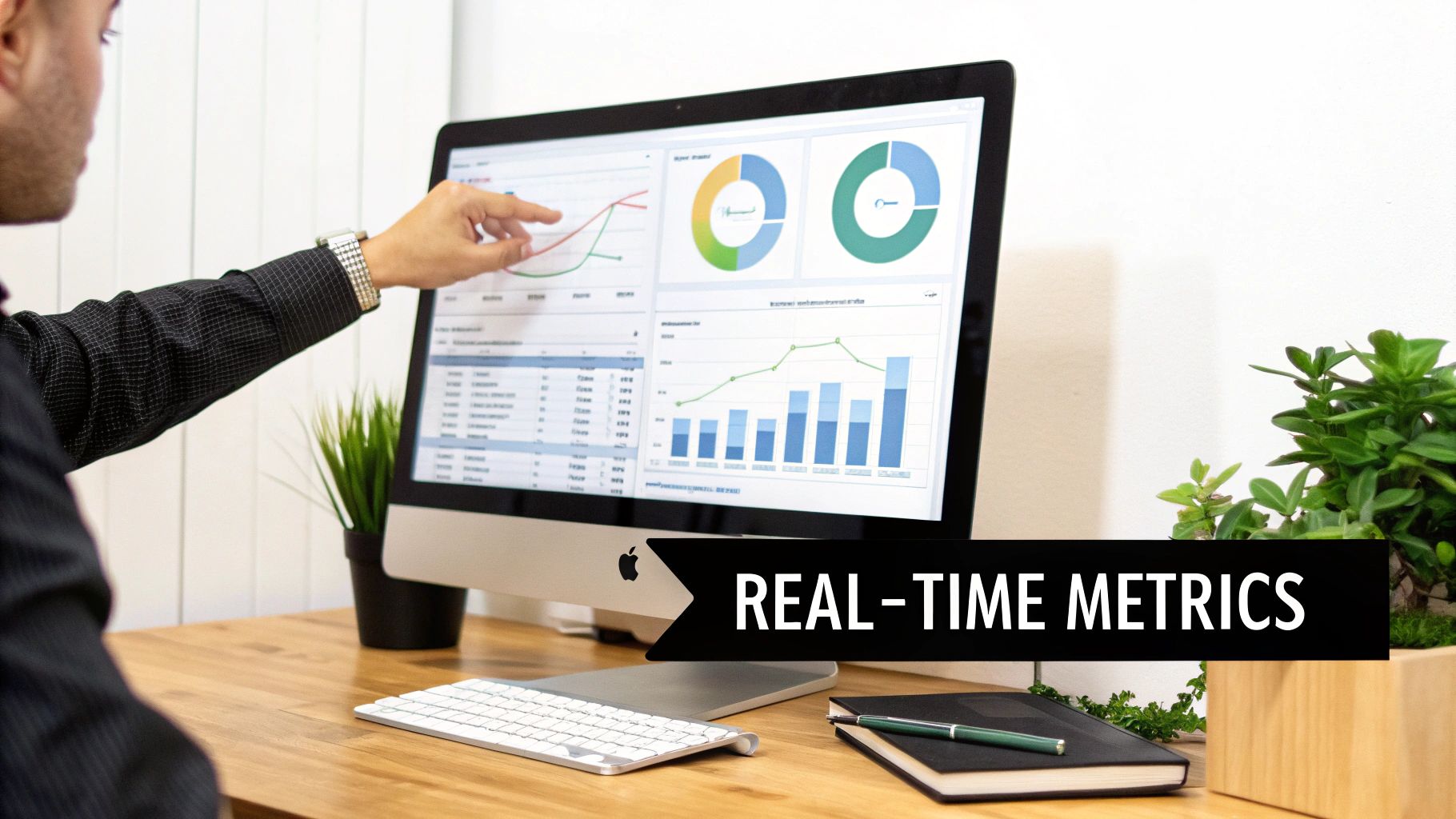 A person points at a computer screen displaying real-time business metrics and data visualizations.