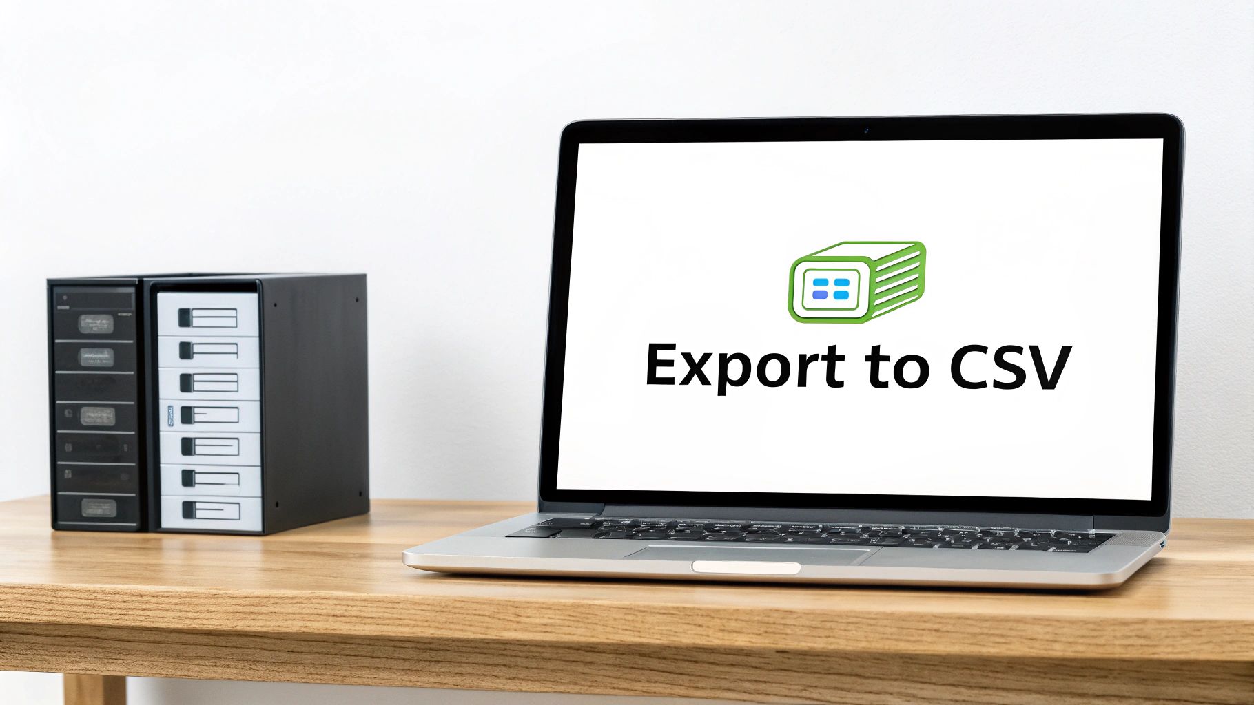 A laptop on a wooden desk displays 'Export to CSV' with an icon, positioned next to two data storage enclosures.