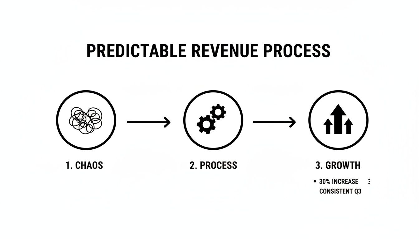 Diagram illustrating a predictable revenue process, moving from chaos to process, and finally to consistent growth.