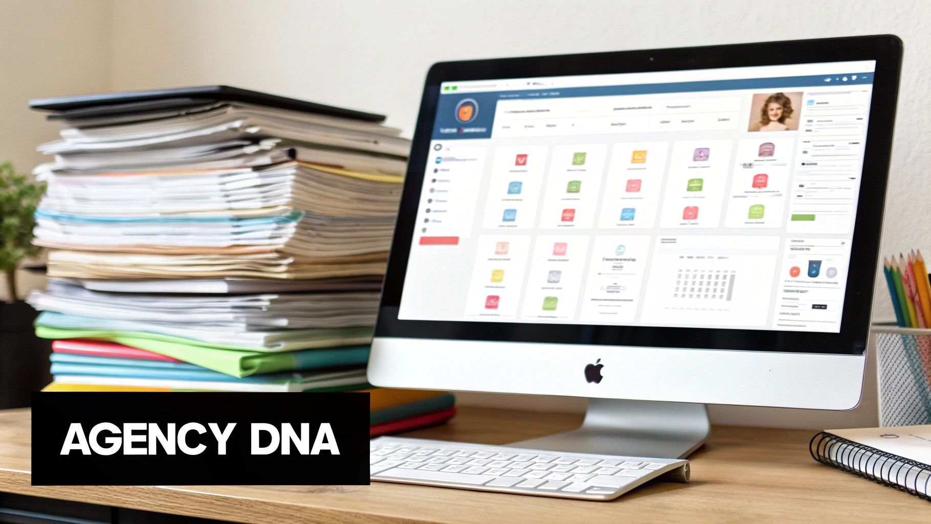A cluttered desk with a large stack of documents and an iMac displaying agency management software dashboard.