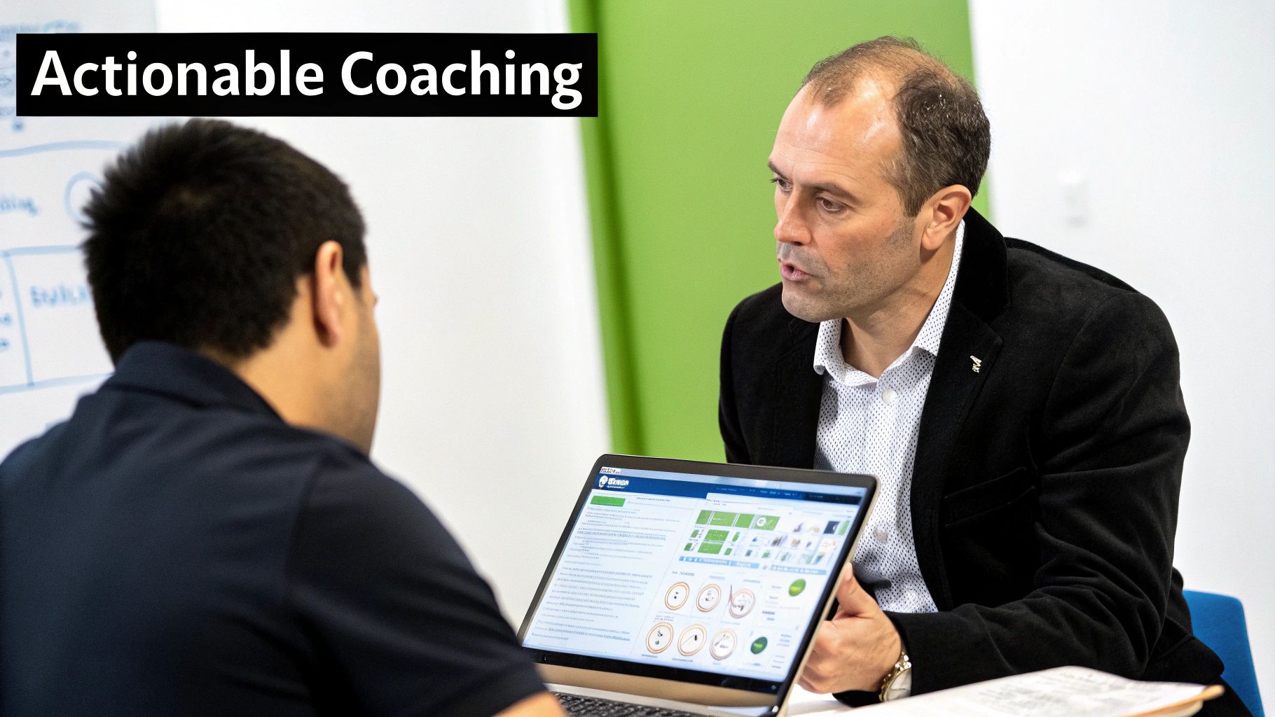 Two men discussing sales performance metrics on a laptop during an actionable coaching session.
