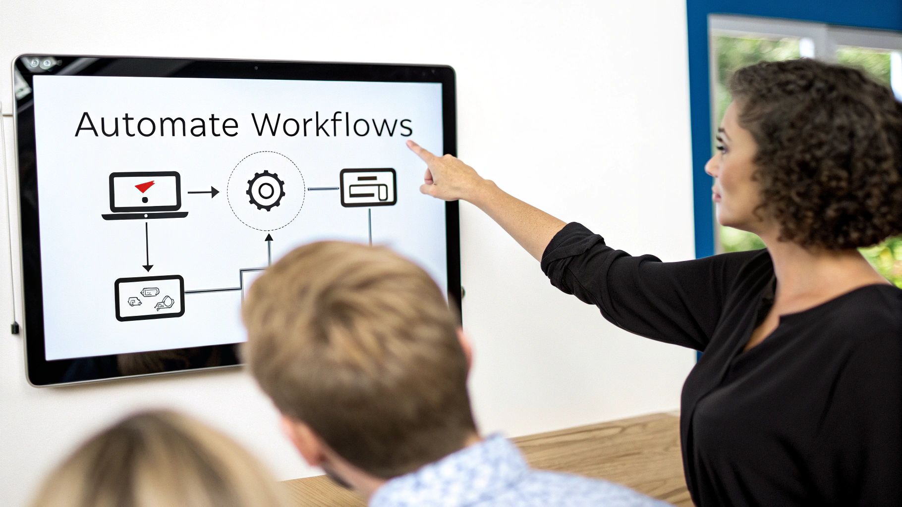 Woman presenting a workflow diagram on a large screen to colleagues in an office.