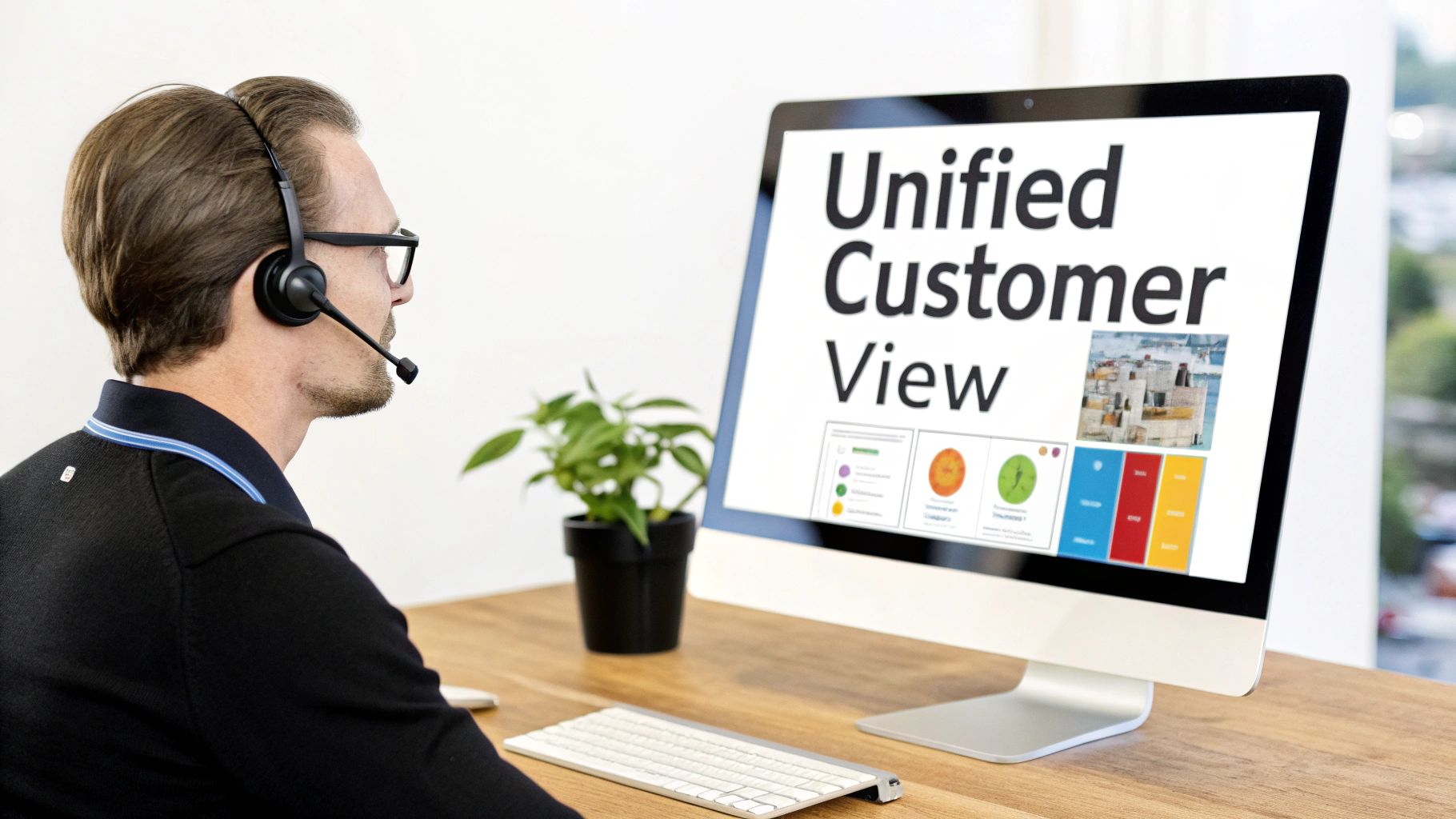 Man in headset looking at a computer screen displaying a unified customer view dashboard.
