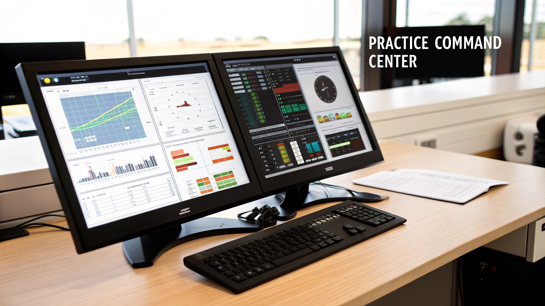 Dual monitors displaying complex financial data, charts, and real-time analytics in a modern command center.