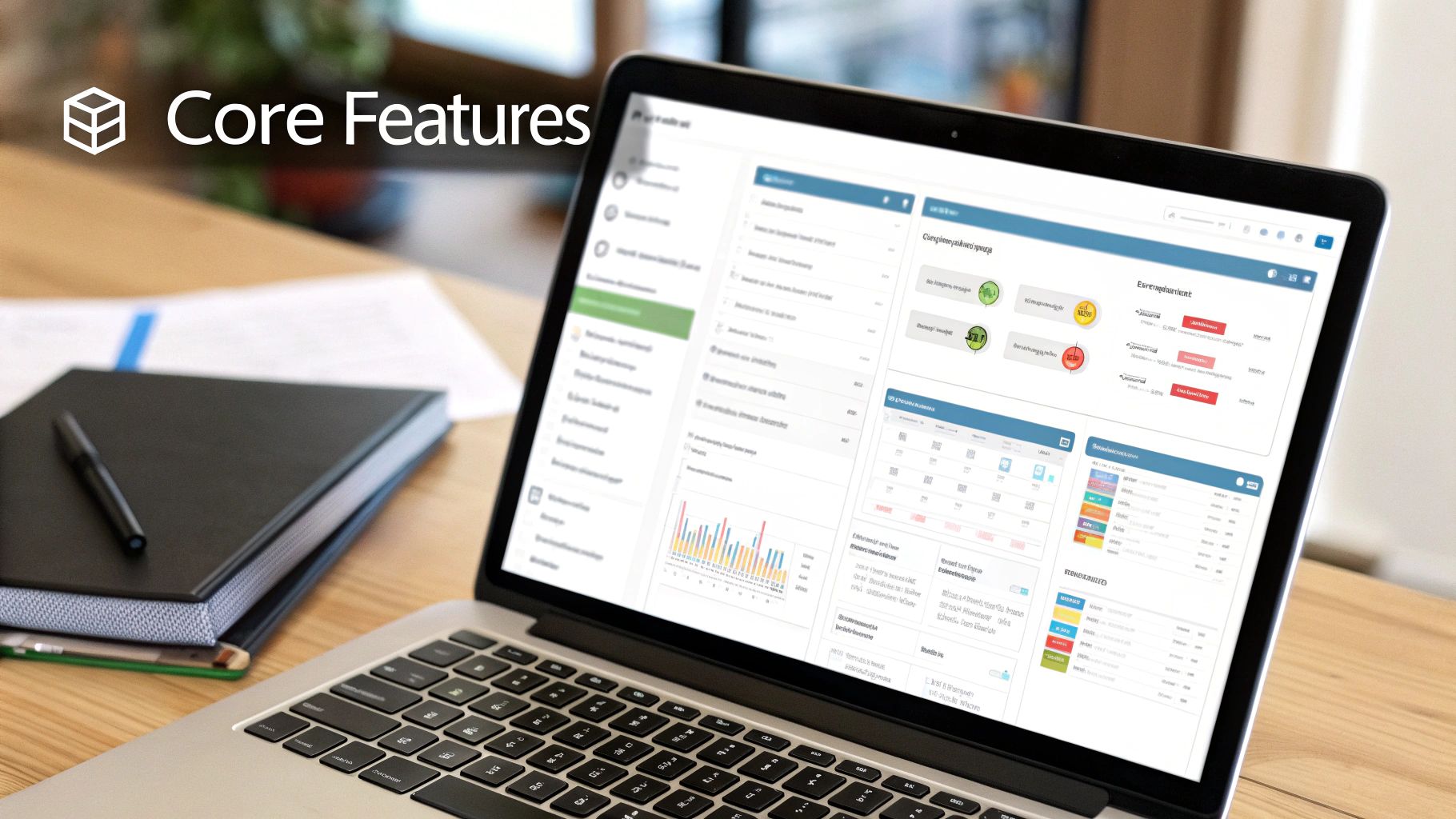 A laptop on a wooden desk displays a business dashboard with charts and data, showcasing core features.